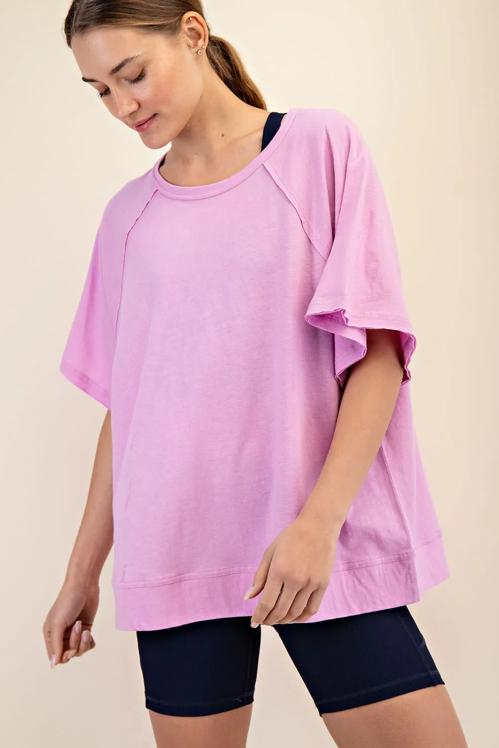 Mauve Oversized Raw Hem Short Sleeve Tee sold by Pinkblush