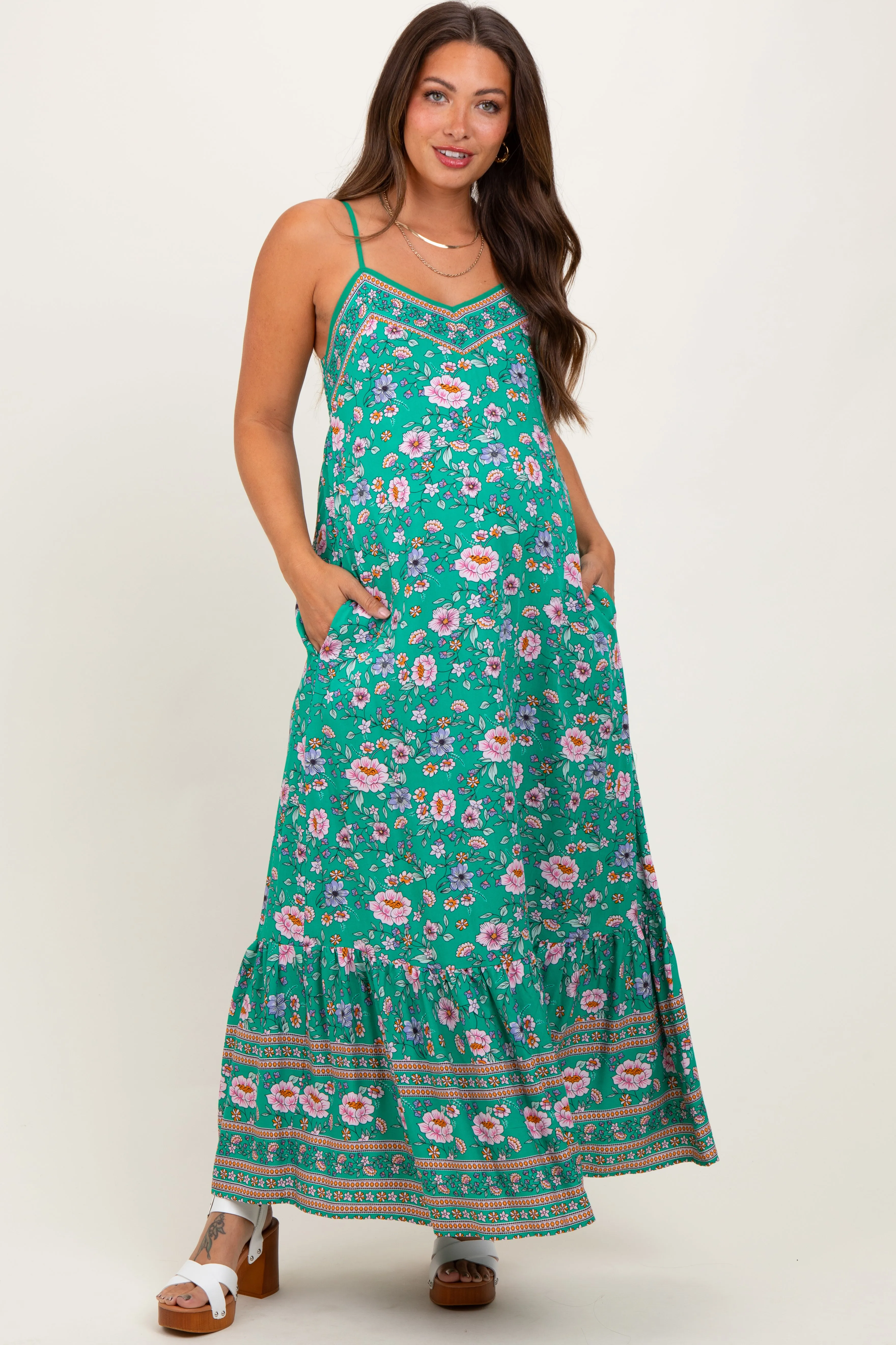 Green Floral Tie Back Maternity Maxi Dress sold by Pinkblush