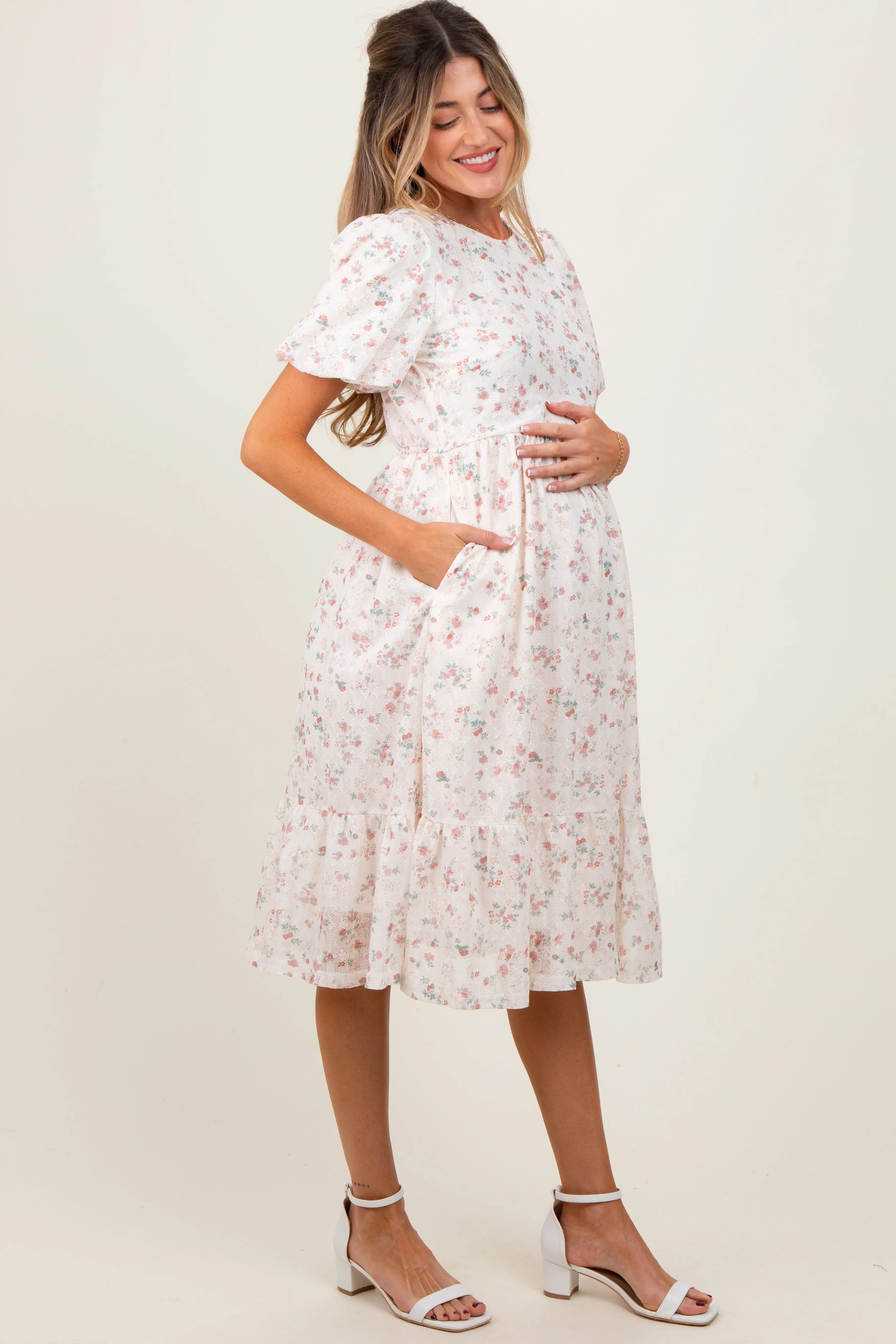 Ivory Floral Lace Ruffle Maternity Midi Dress sold by Pinkblush product image thumbnail 2