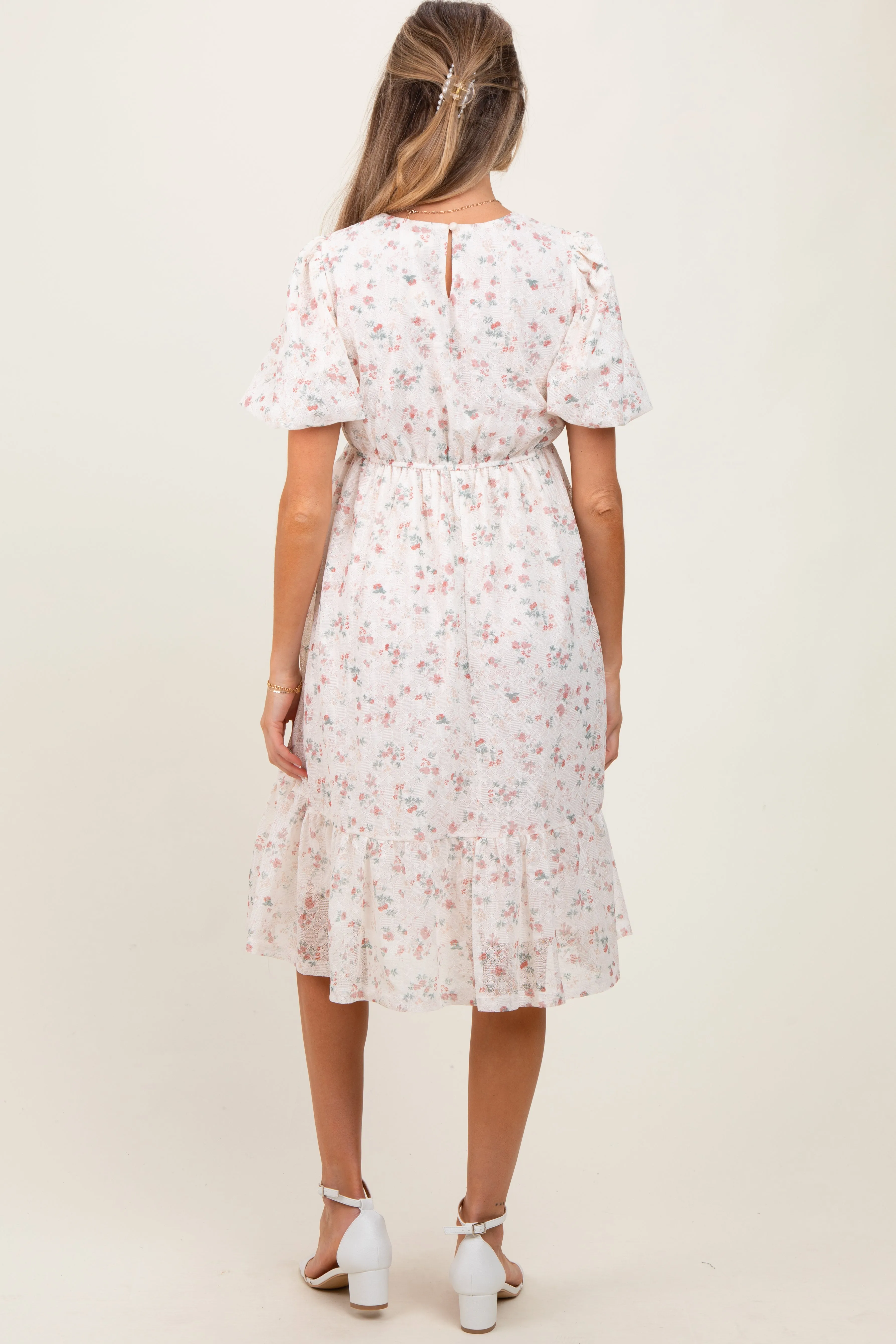 Ivory Floral Lace Ruffle Maternity Midi Dress sold by Pinkblush product image thumbnail 3