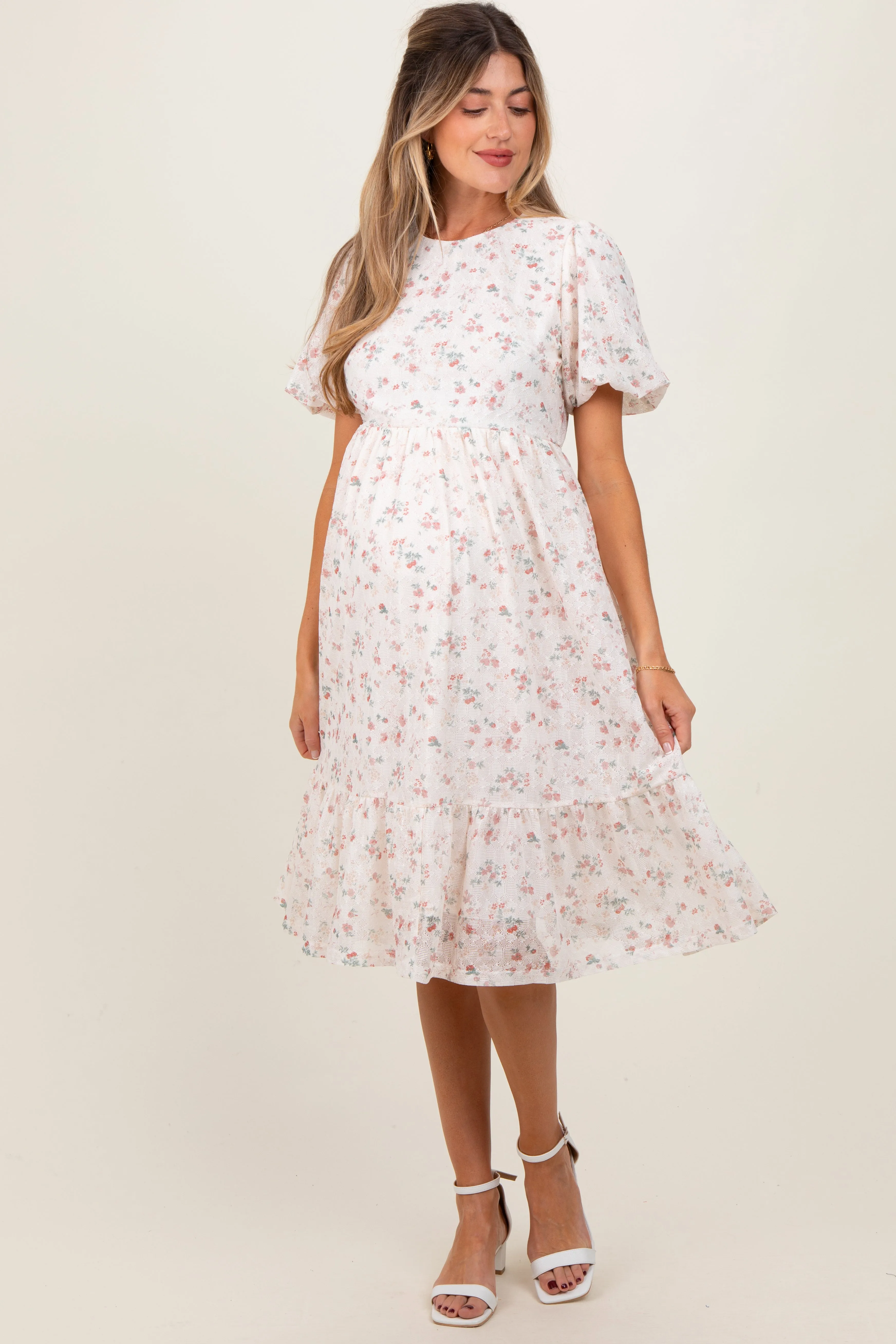 Ivory Floral Lace Ruffle Maternity Midi Dress sold by Pinkblush