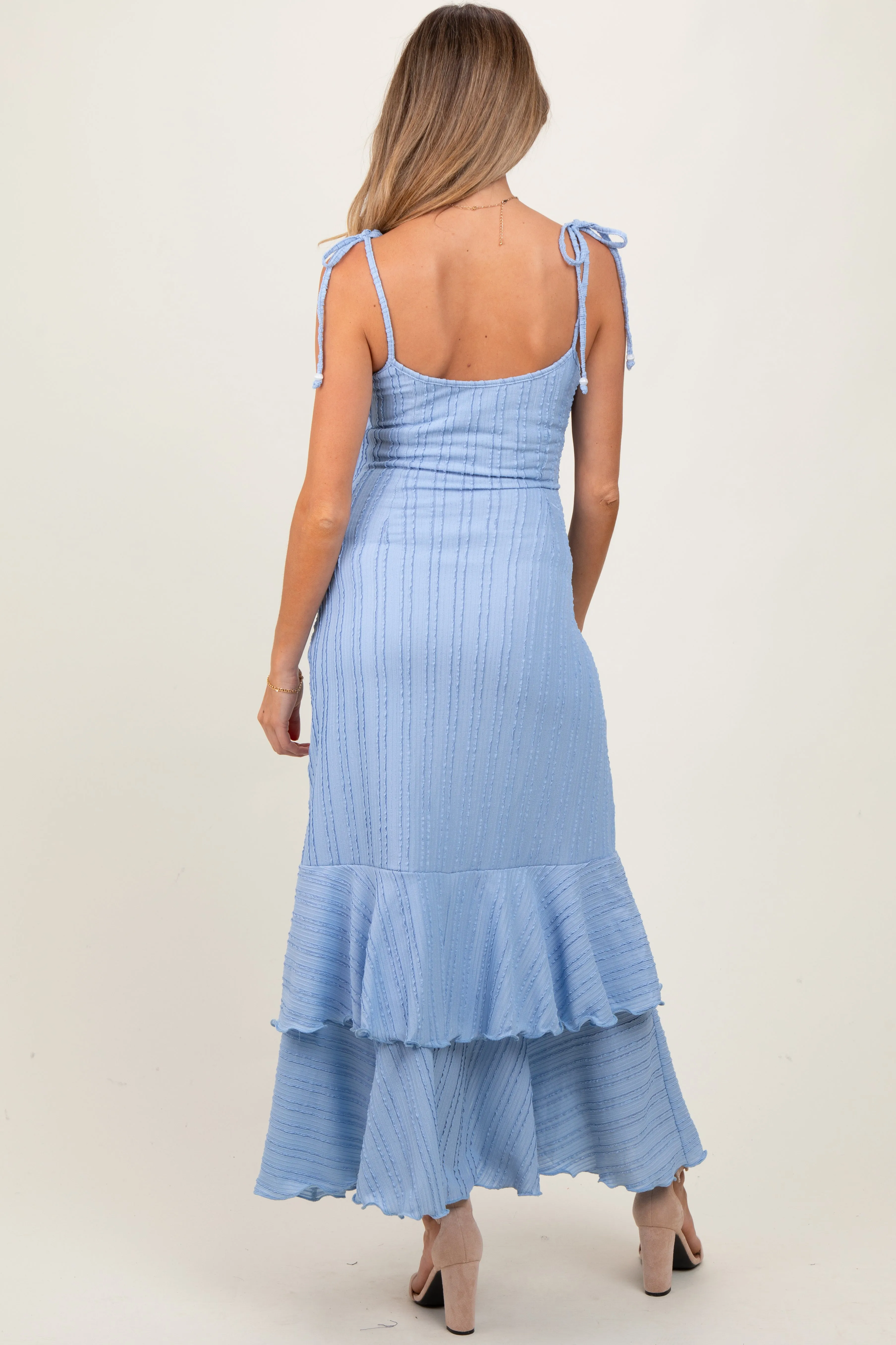 Blue Textured Shoulder Tie Layered Hem Maternity Maxi Dress sold by Pinkblush product image thumbnail 4