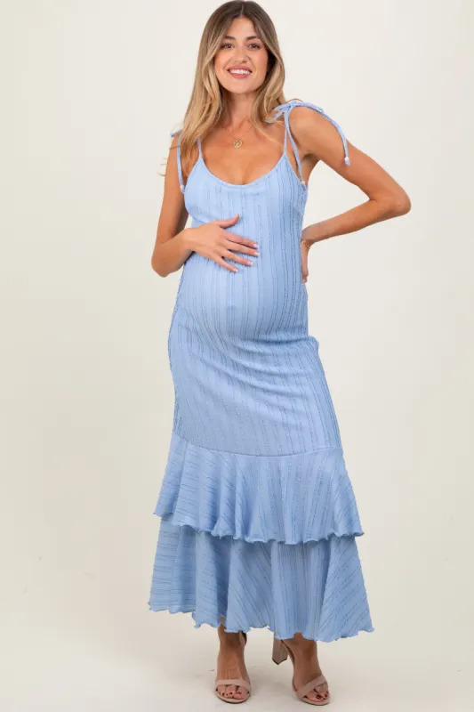 Blue Textured Shoulder Tie Layered Hem Maternity Maxi Dress sold by Pinkblush