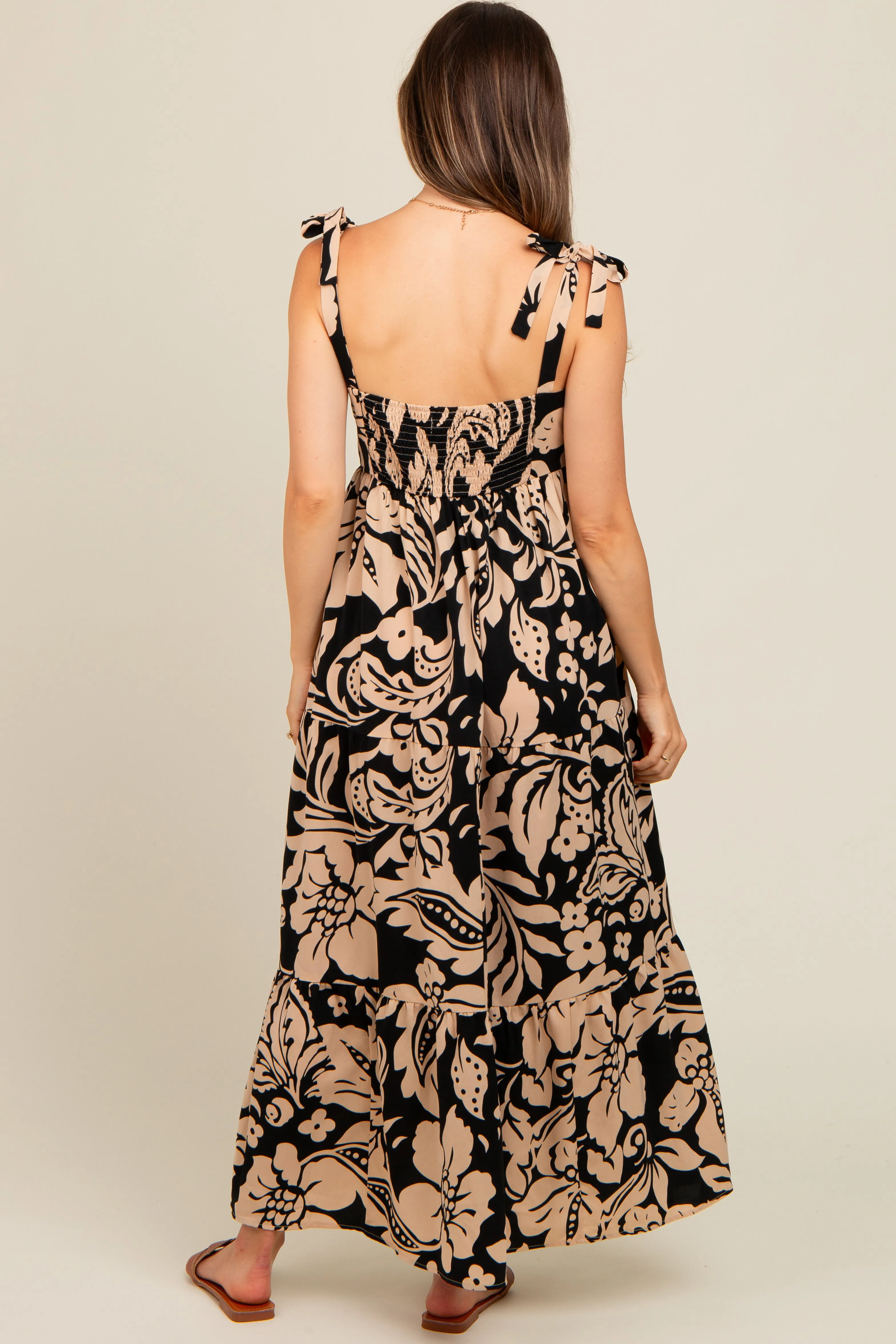 Brown Tropical Floral Shoulder Tie Tiered Maternity Midi Dress sold by Pinkblush product image thumbnail 4