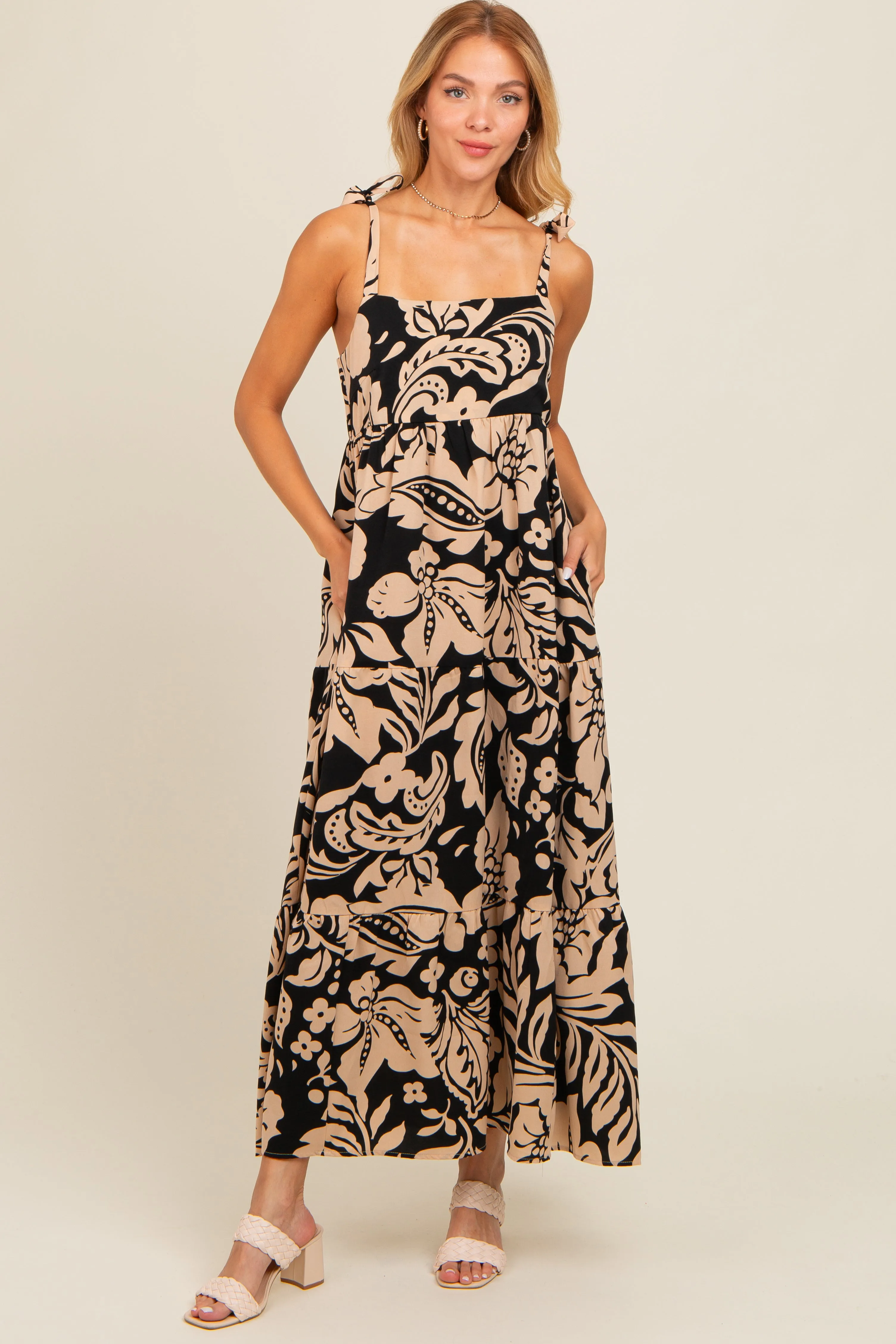 Brown Tropical Floral Shoulder Tie Tiered Maternity Midi Dress sold by Pinkblush product image thumbnail 5