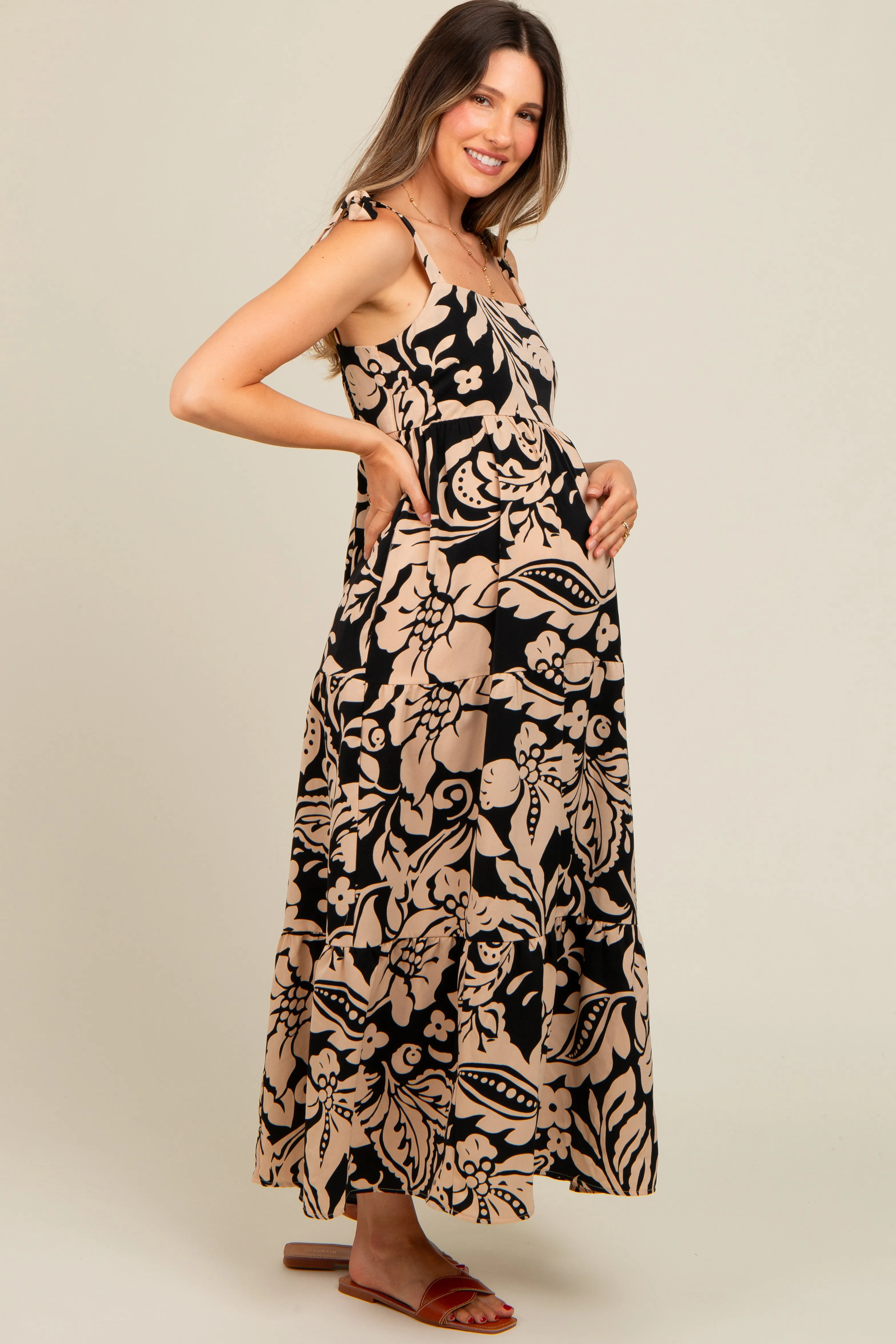 Brown Tropical Floral Shoulder Tie Tiered Maternity Midi Dress sold by Pinkblush product image thumbnail 3