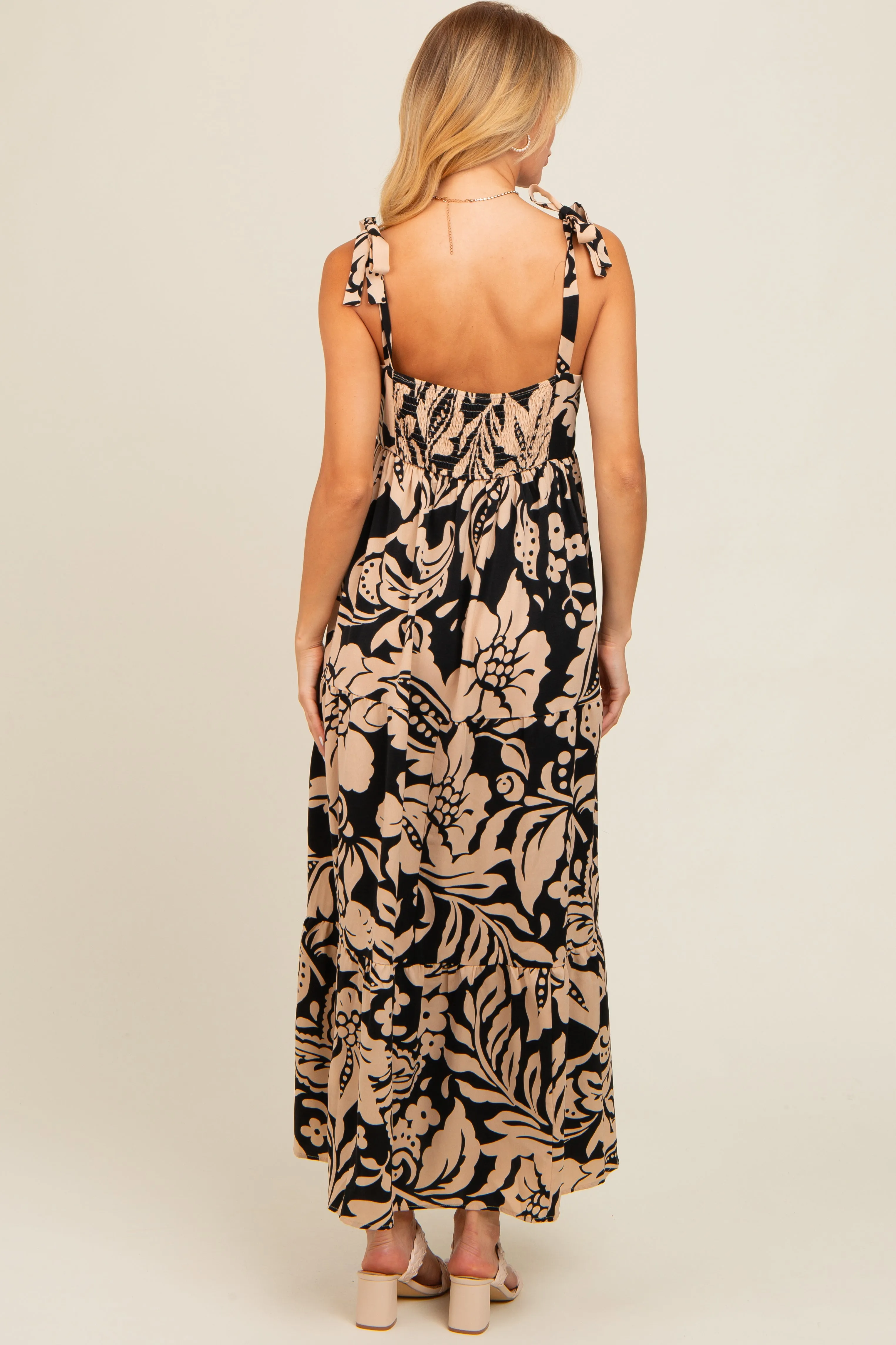 Brown Tropical Floral Shoulder Tie Tiered Midi Dress sold by Pinkblush product image thumbnail 3