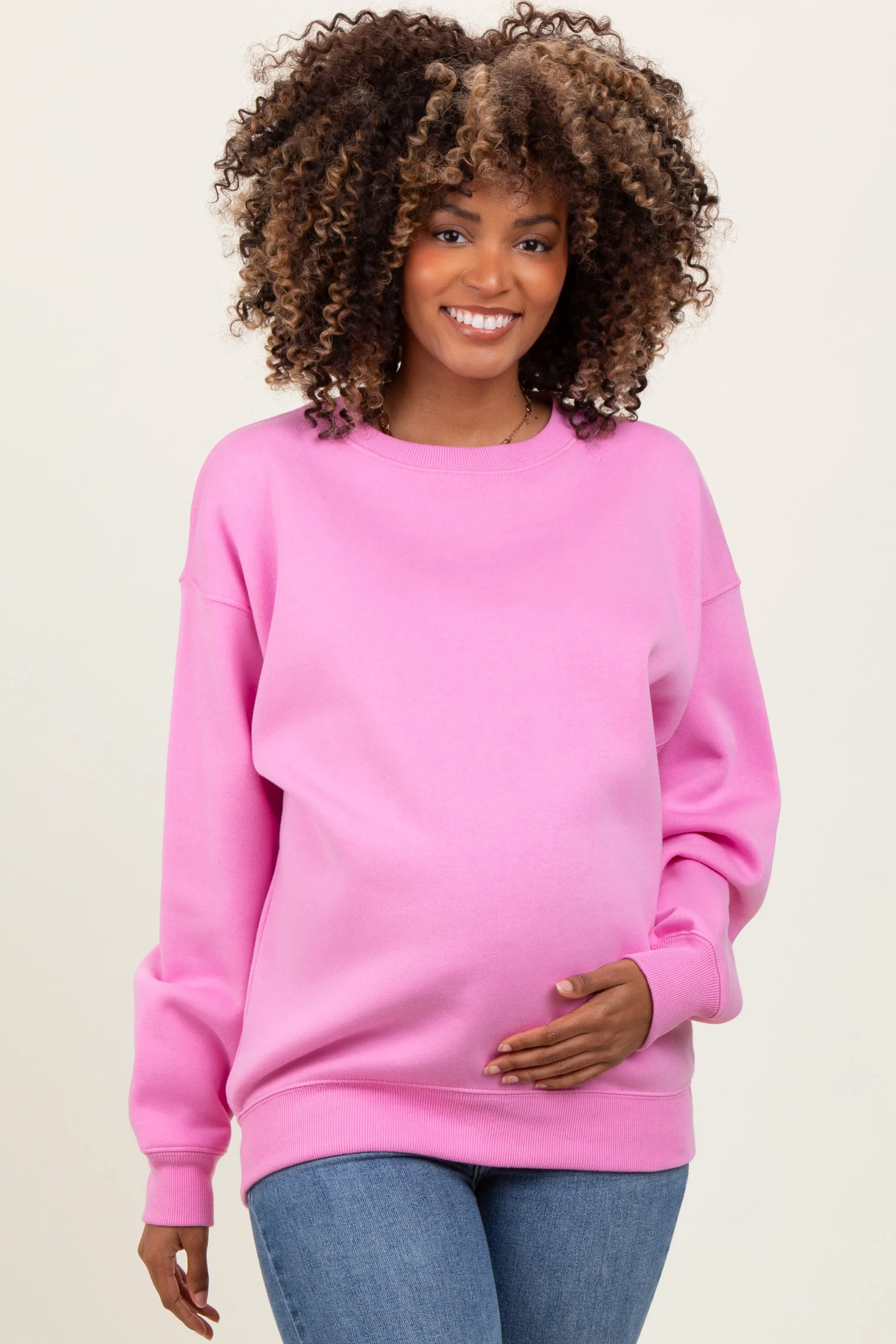 Pink Basic Fleece Crewneck Maternity Sweatshirt sold by Pinkblush