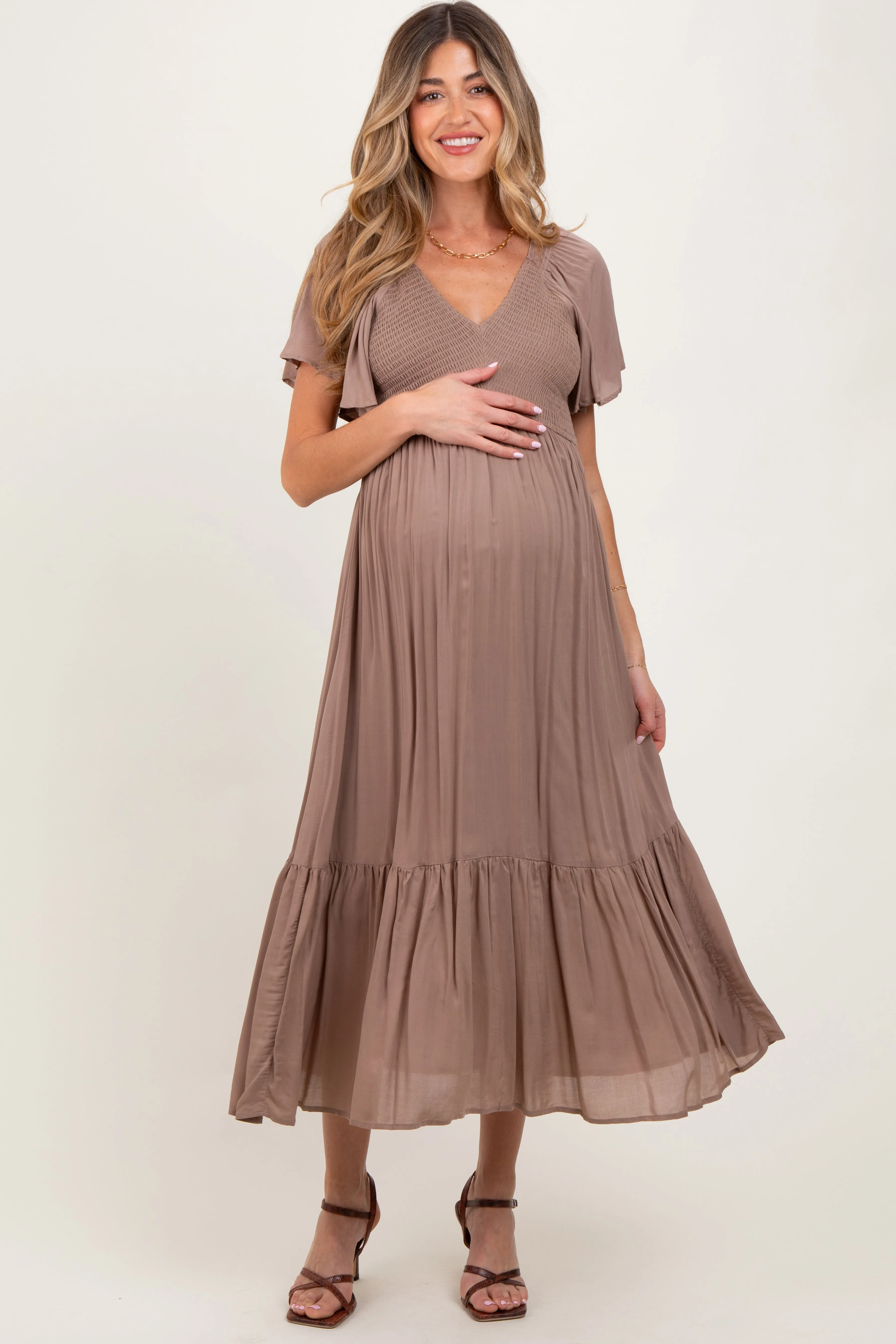 Mocha Smocked Maternity Midi Dress sold by Pinkblush