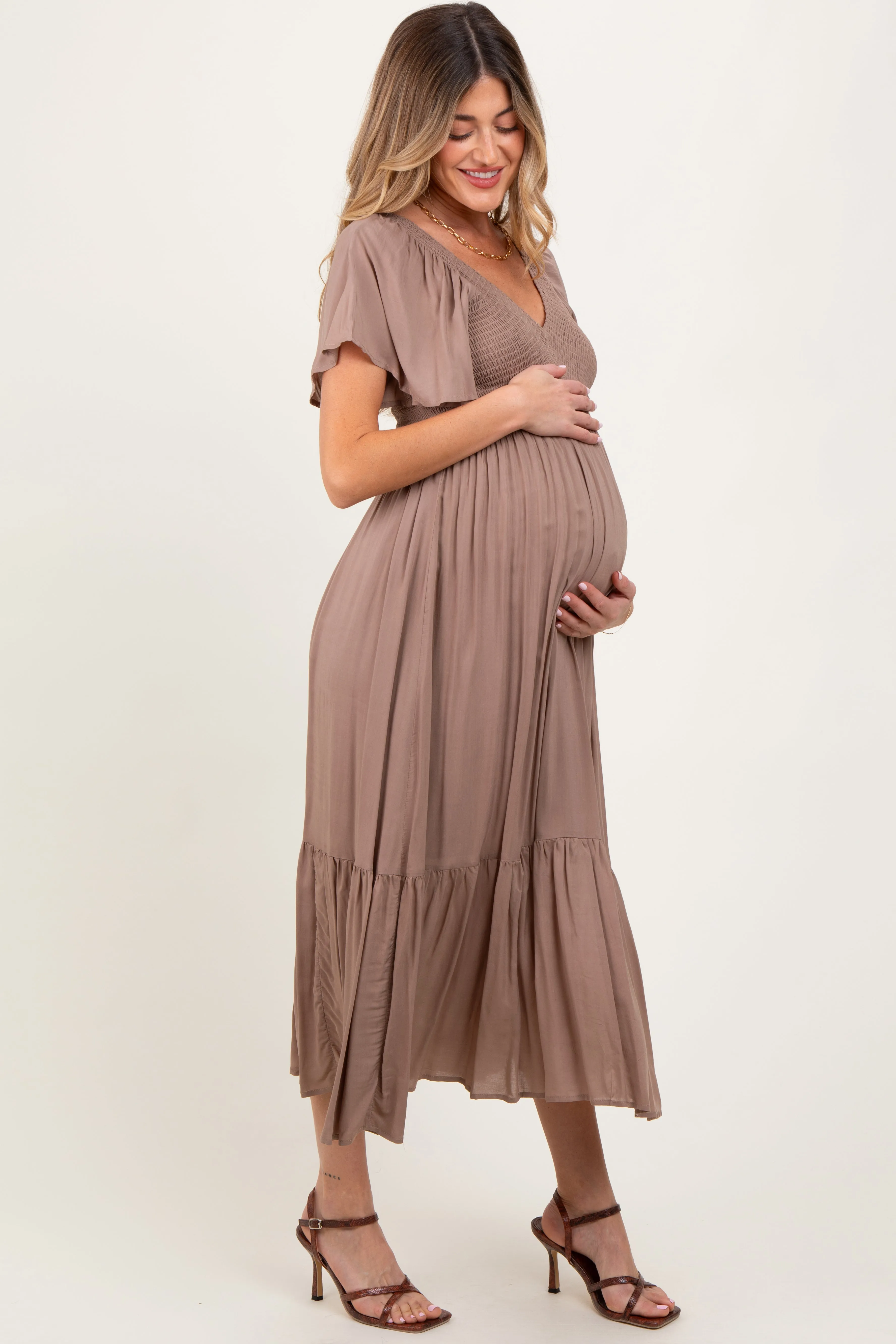 Mocha Smocked Maternity Midi Dress sold by Pinkblush product image thumbnail 2
