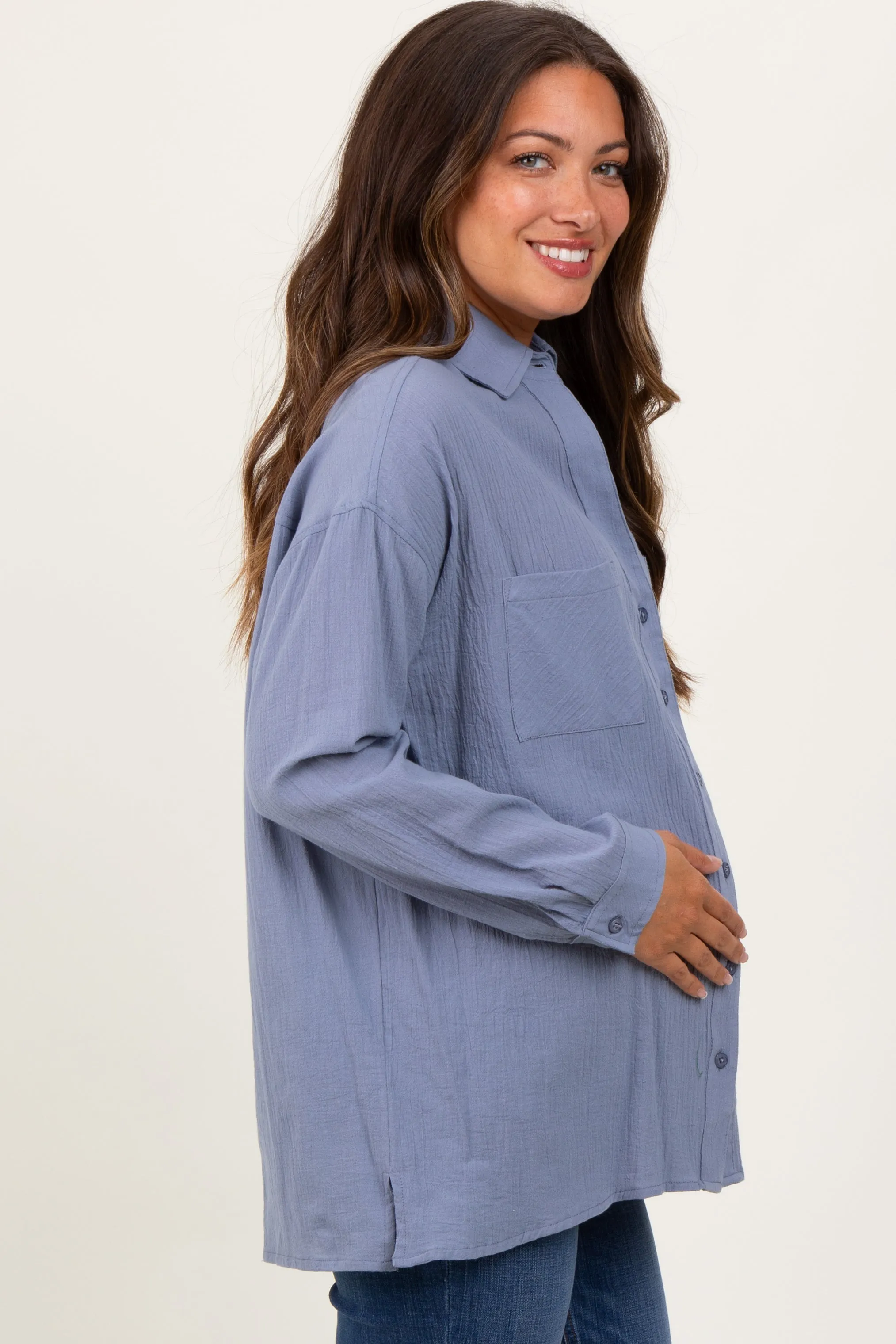 Blue Cotton Gauze Oversized Maternity Button Down Shirt sold by Pinkblush product image thumbnail 3
