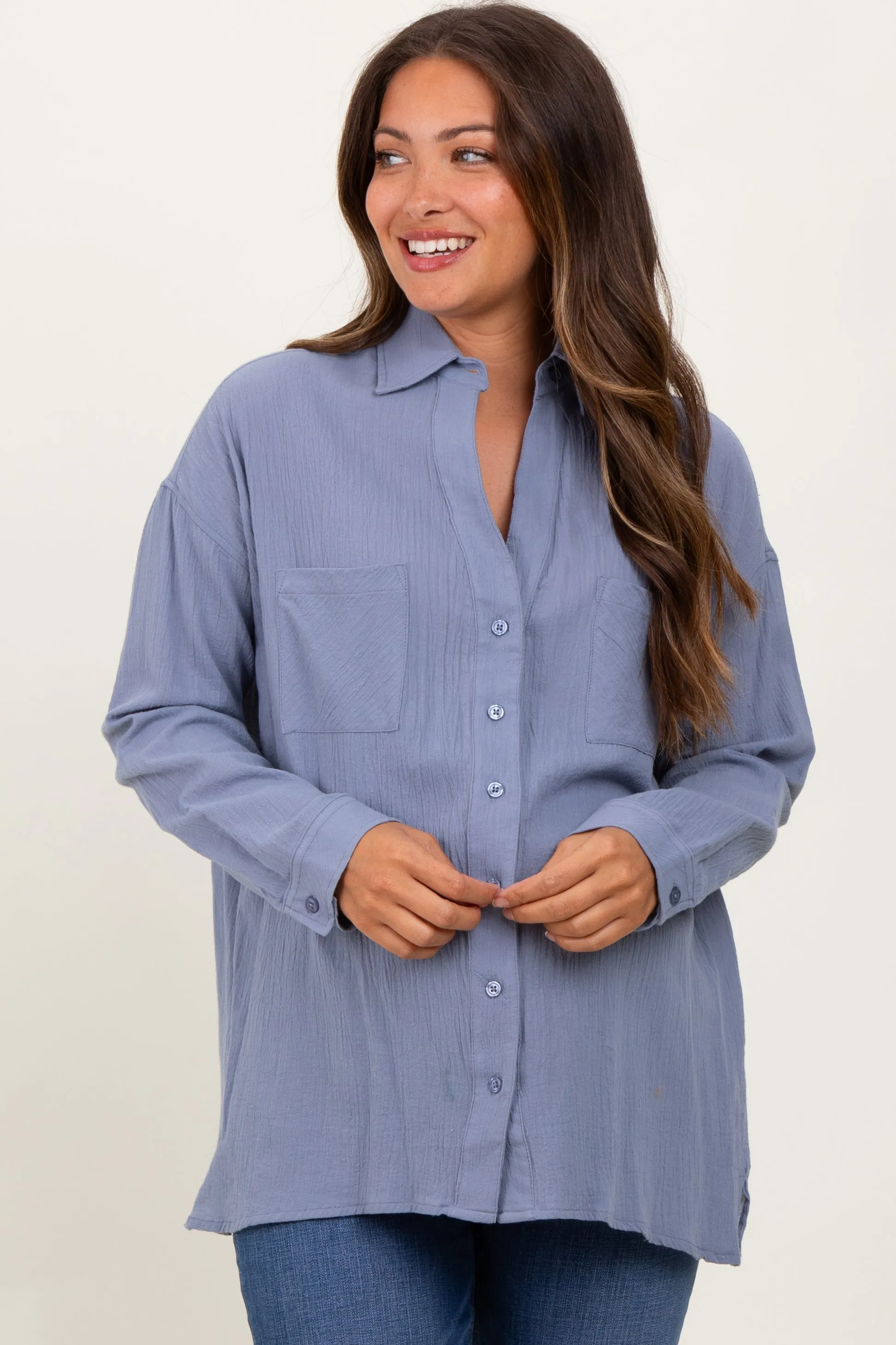 Blue Cotton Gauze Oversized Maternity Button Down Shirt sold by Pinkblush product image thumbnail 2