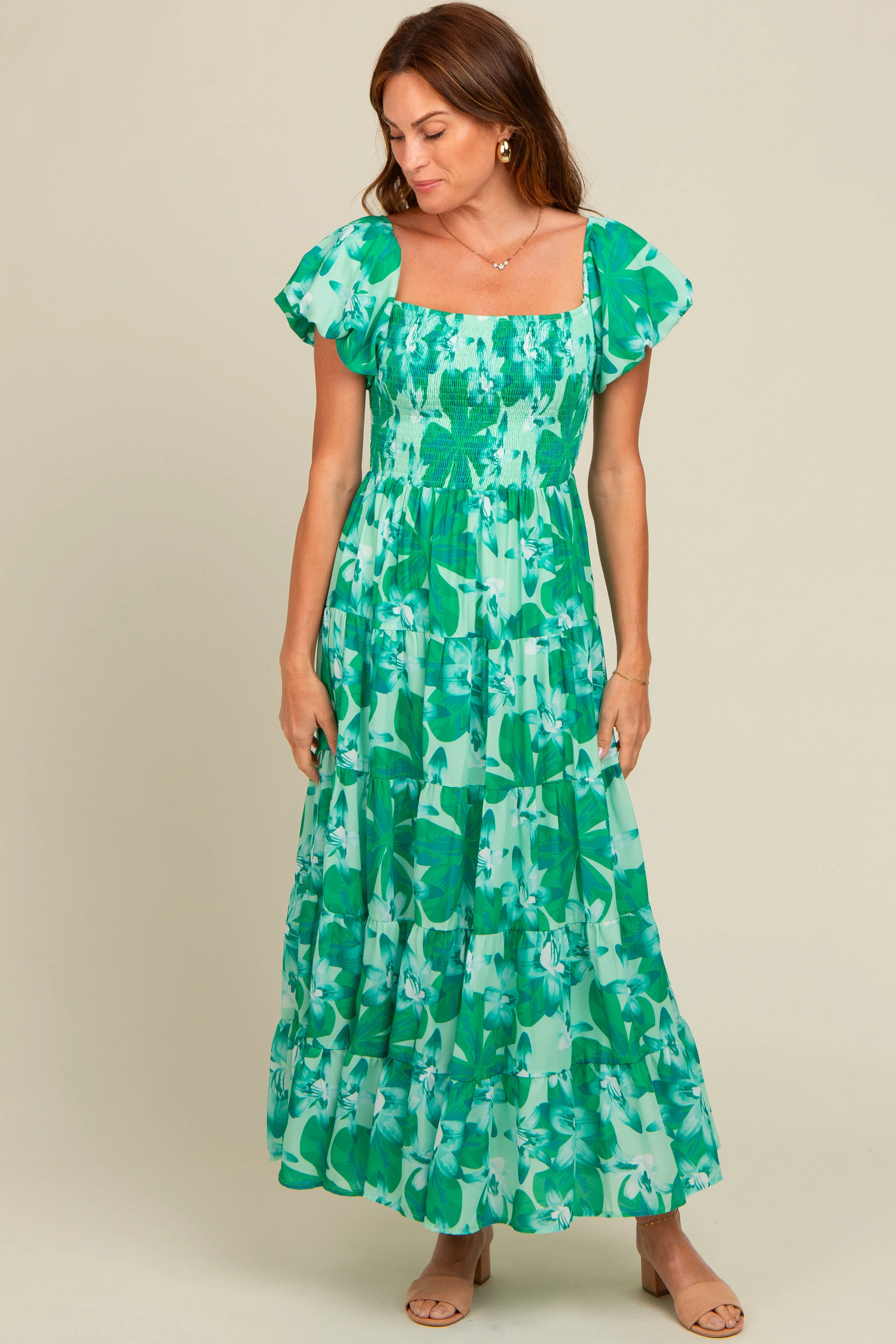 Green Floral Smocked Maternity Maxi Dress sold by Pinkblush product image thumbnail 3