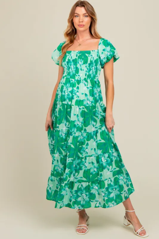 Green Floral Smocked Maternity Maxi Dress sold by Pinkblush