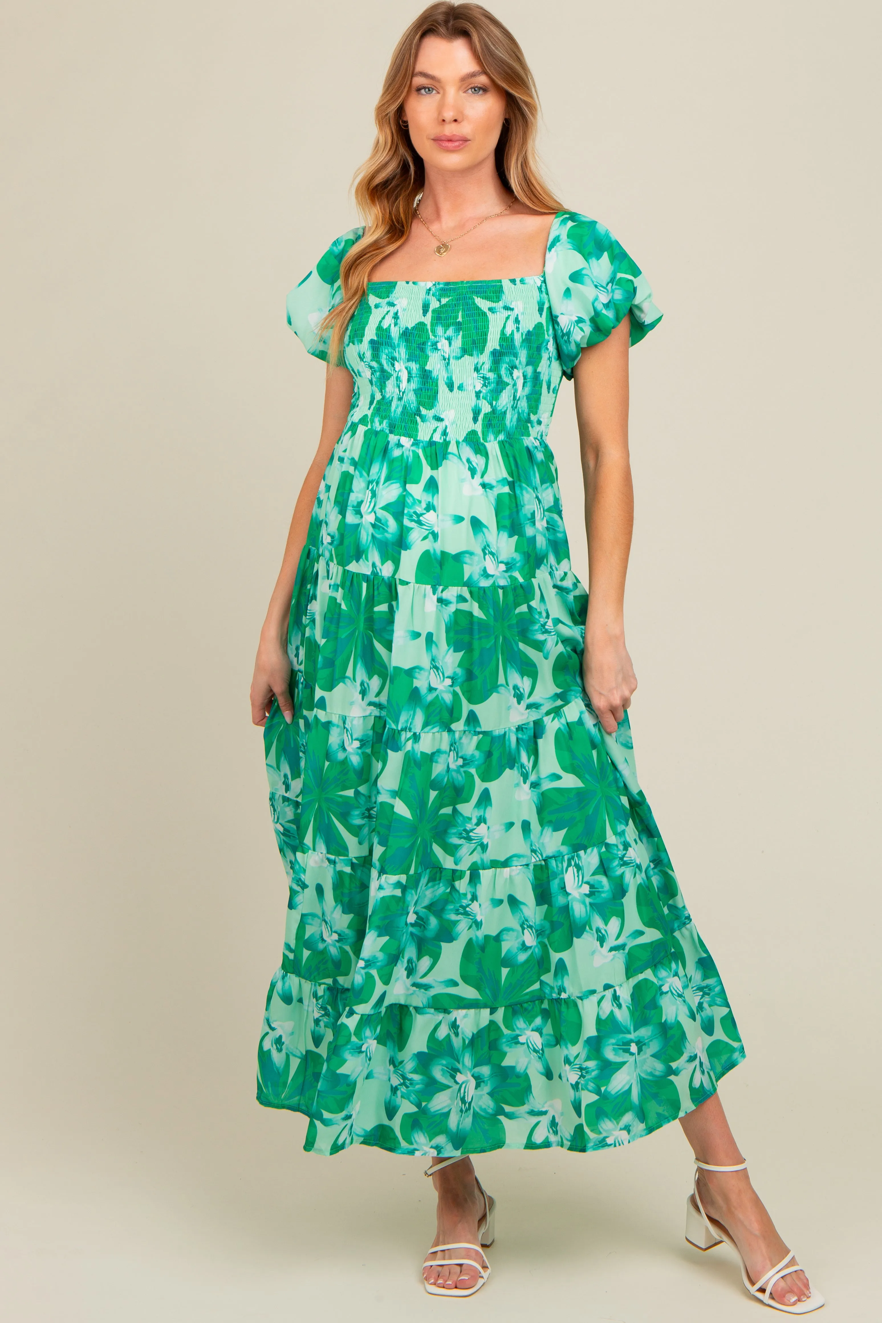 Green Floral Smocked Maternity Maxi Dress sold by Pinkblush