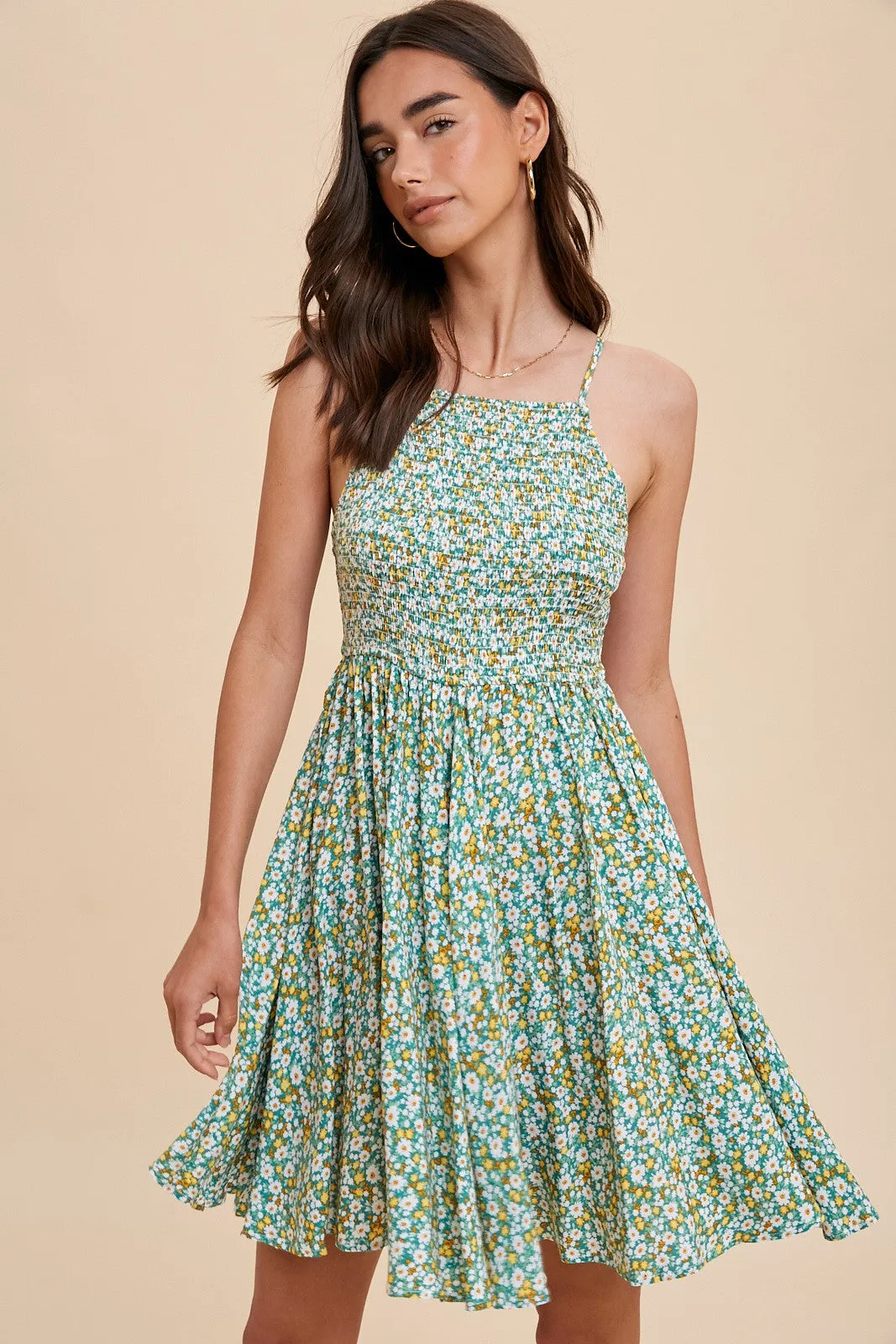 Green Floral Smocked Cami Mini Dress sold by Pinkblush