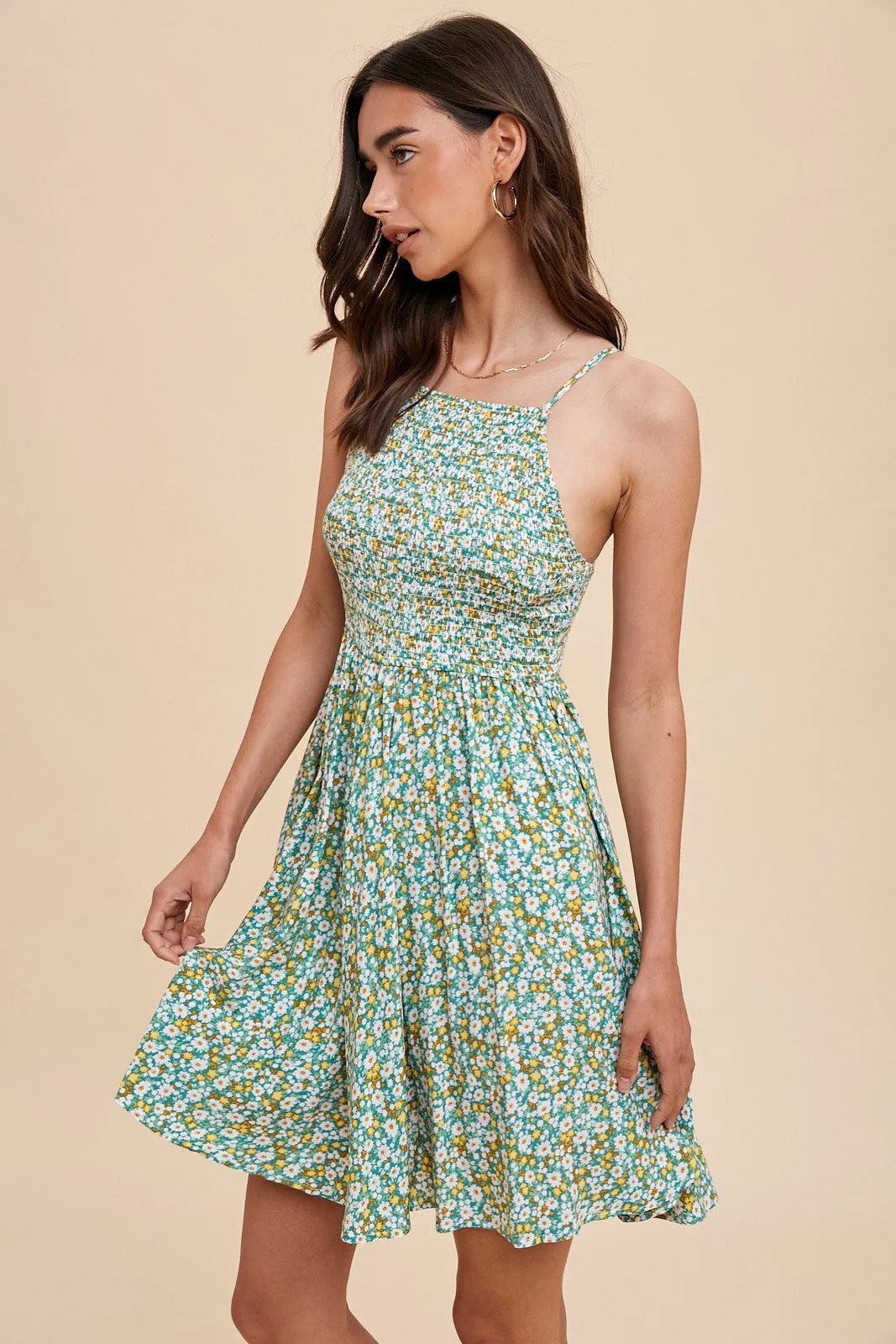 Green Floral Smocked Cami Mini Dress sold by Pinkblush product image thumbnail 2