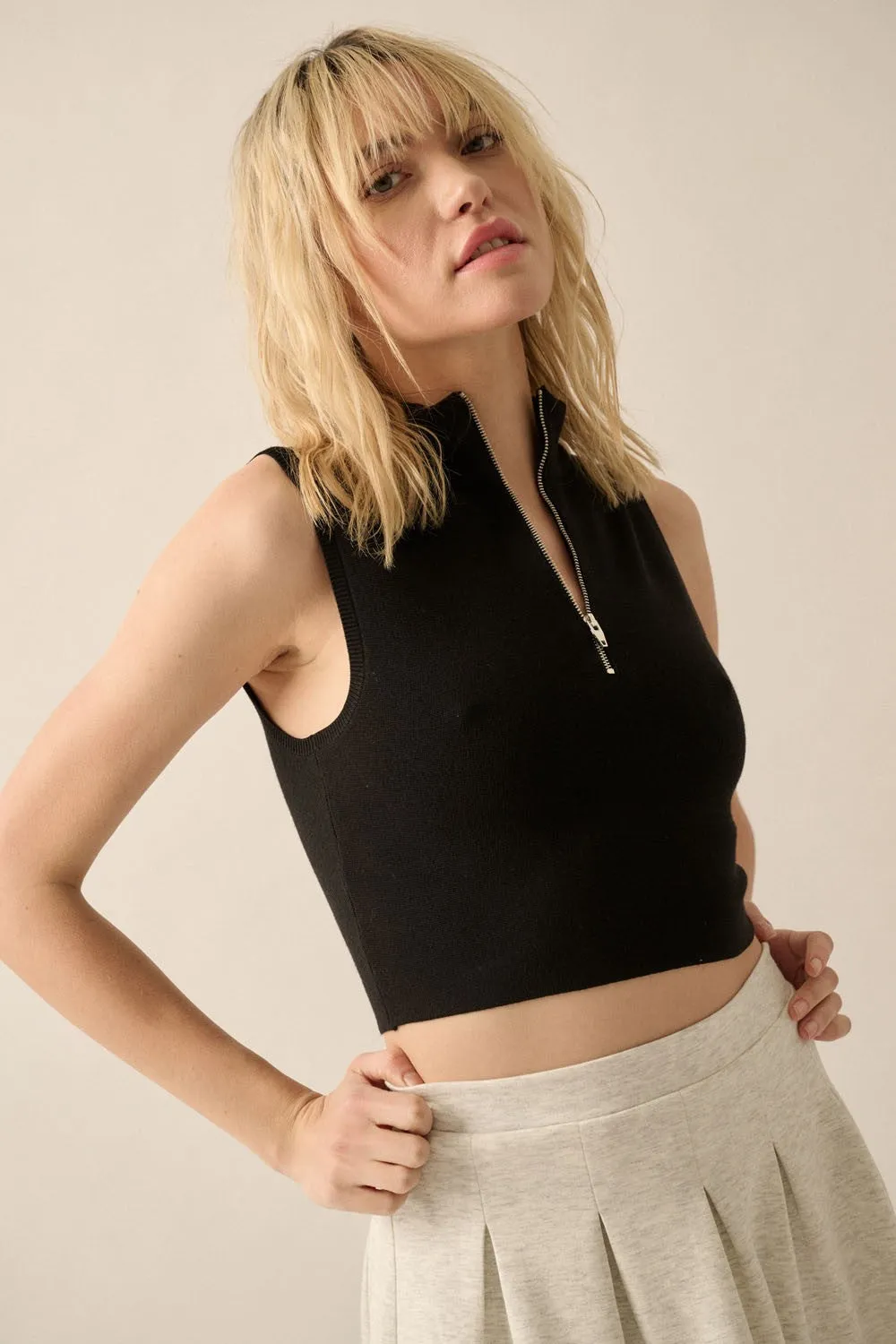 Black Solid Knit Cropped Half-Zip Sleeveless Sweater sold by Pinkblush product image thumbnail 2
