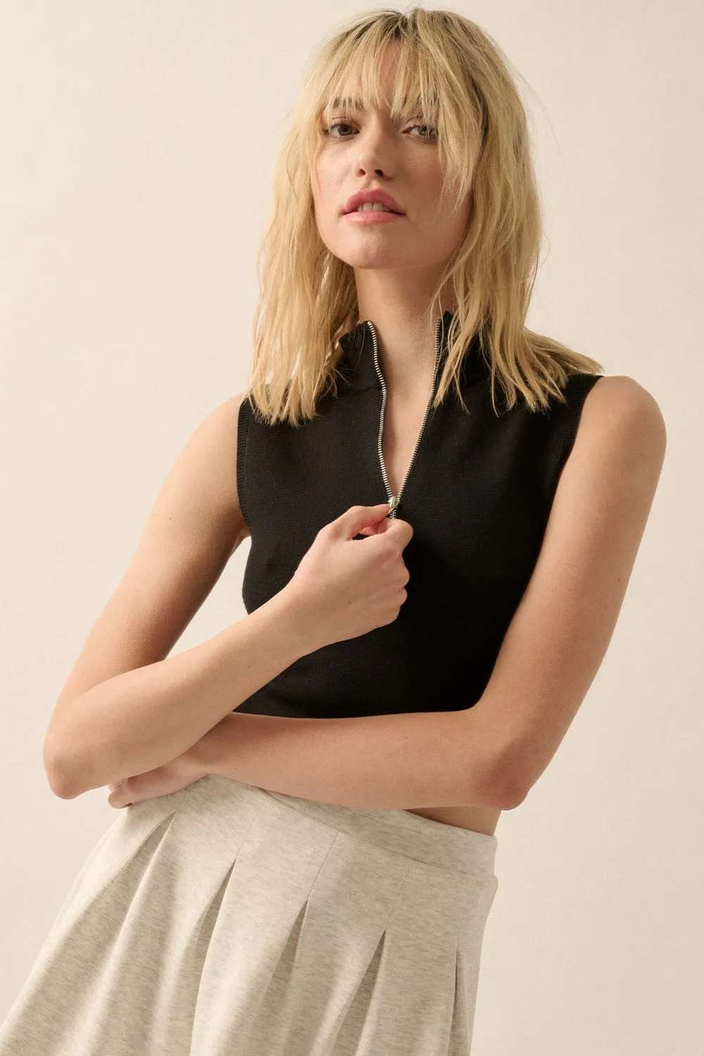 Black Solid Knit Cropped Half-Zip Sleeveless Sweater sold by Pinkblush