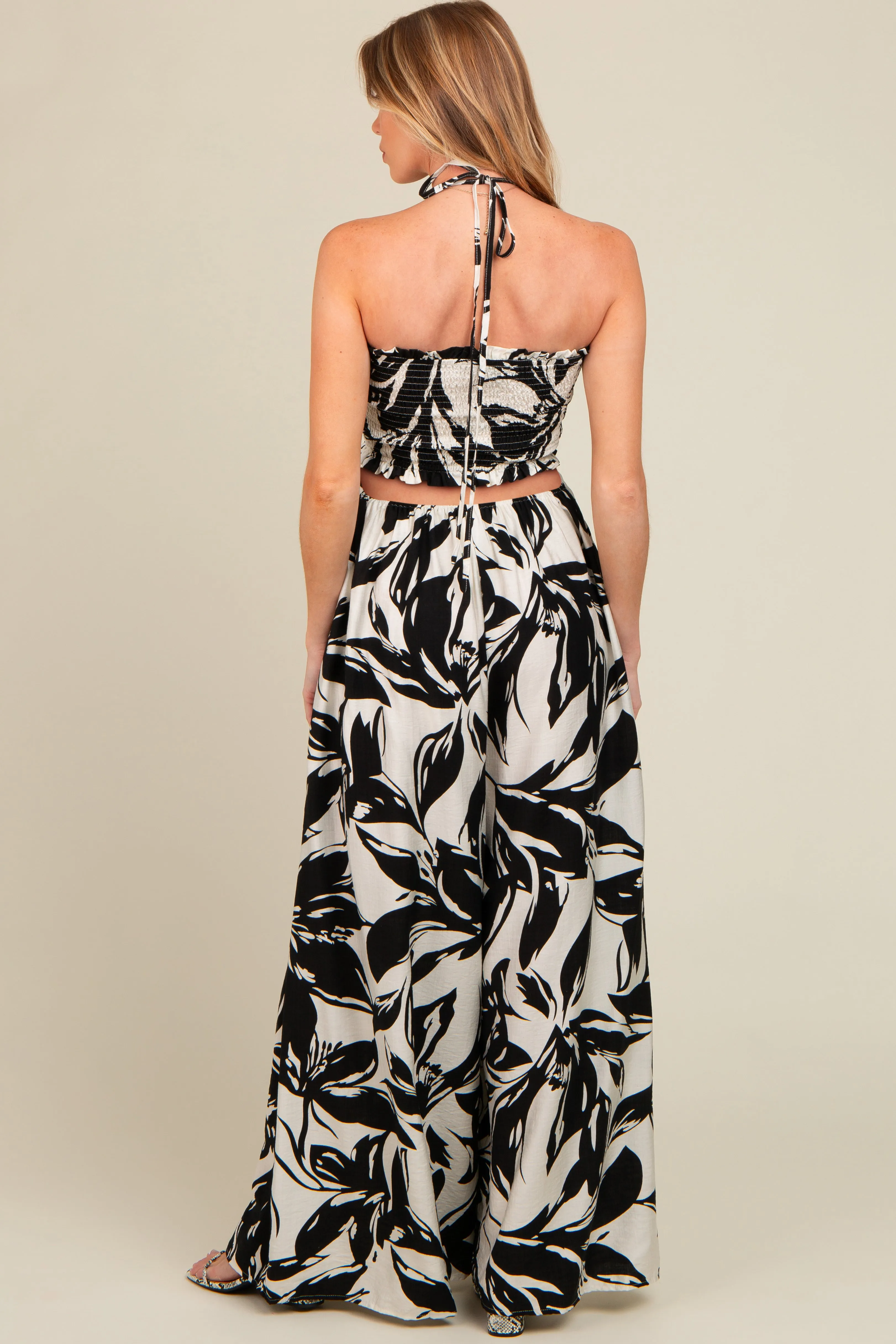 Black Tropical Print Cutout Smocked Maternity Jumpsuit sold by Pinkblush product image thumbnail 4