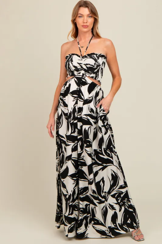 Black Tropical Print Cutout Smocked Maternity Jumpsuit sold by Pinkblush