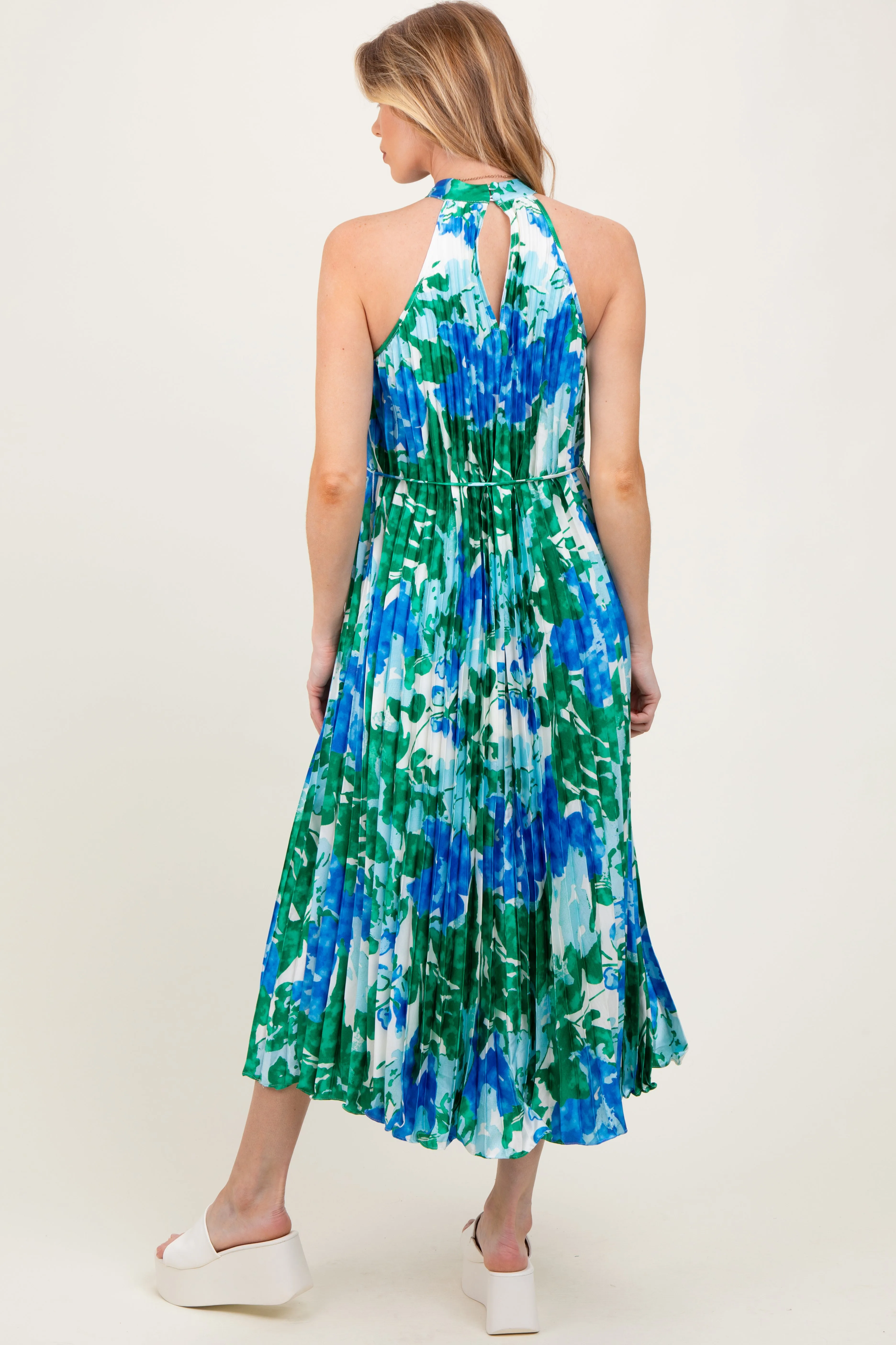 Blue Floral Satin Pleated Halter Neck Maternity Midi Dress sold by Pinkblush product image thumbnail 4