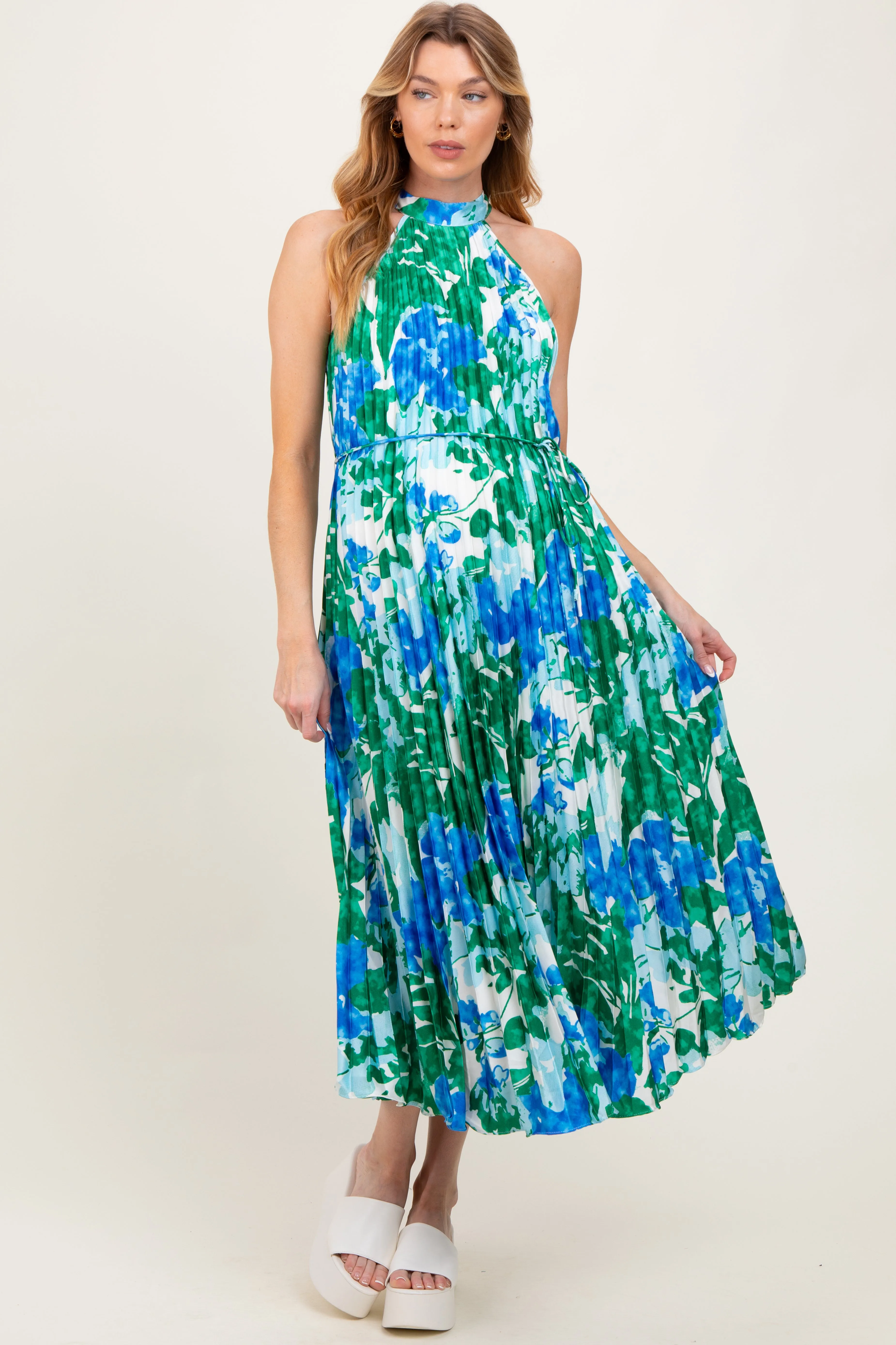 Blue Floral Satin Pleated Halter Neck Maternity Midi Dress sold by Pinkblush product image thumbnail 3