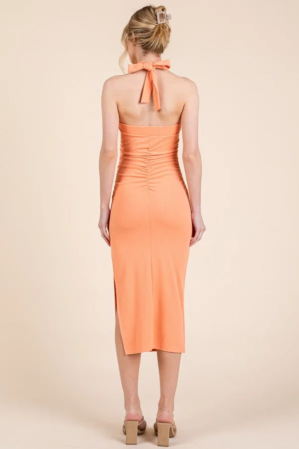 Peach Halter Tied Criss-Cross Ribbed Midi Dress sold by Pinkblush product image thumbnail 3