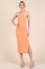 Peach Halter Tied Criss-Cross Ribbed Midi Dress sold by Pinkblush