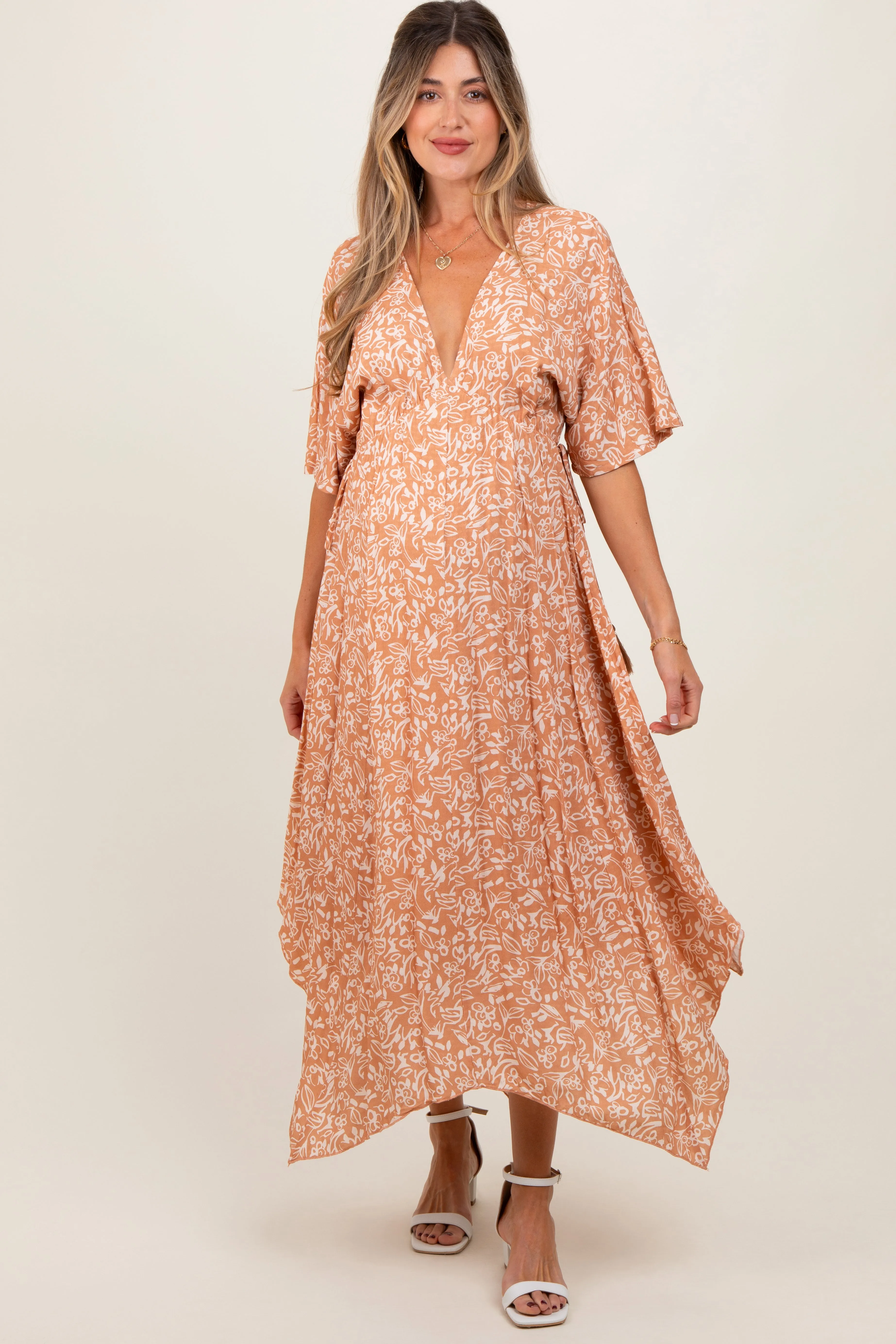 Peach Floral V-Neck Flutter Sleeve Maternity Maxi Dress sold by Pinkblush