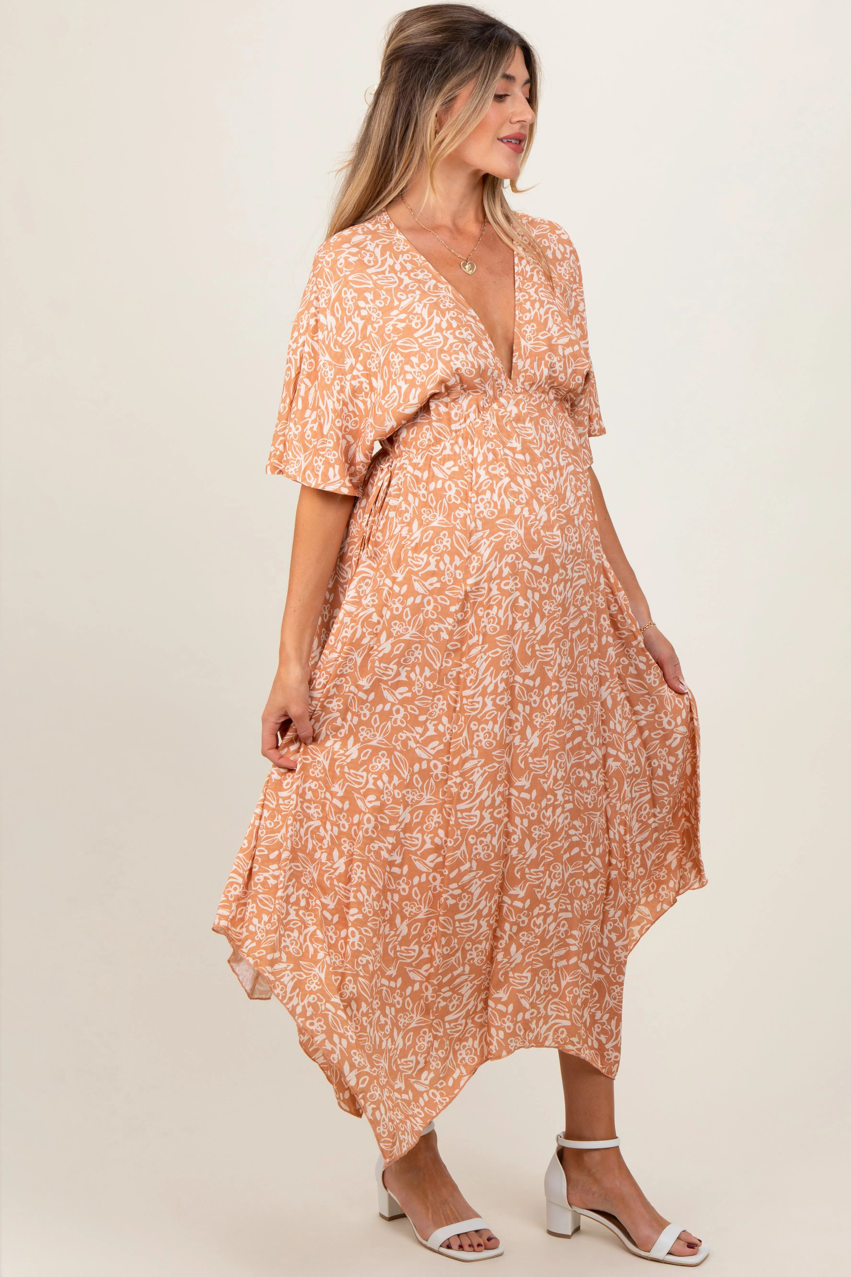 Peach Floral V-Neck Flutter Sleeve Maternity Maxi Dress sold by Pinkblush product image thumbnail 2