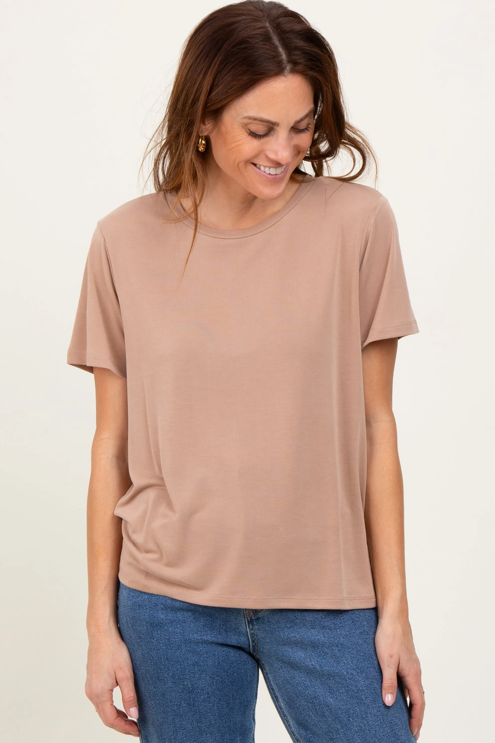 Taupe Basic Round Neck Short Sleeve T-Shirt sold by Pinkblush product image thumbnail 2