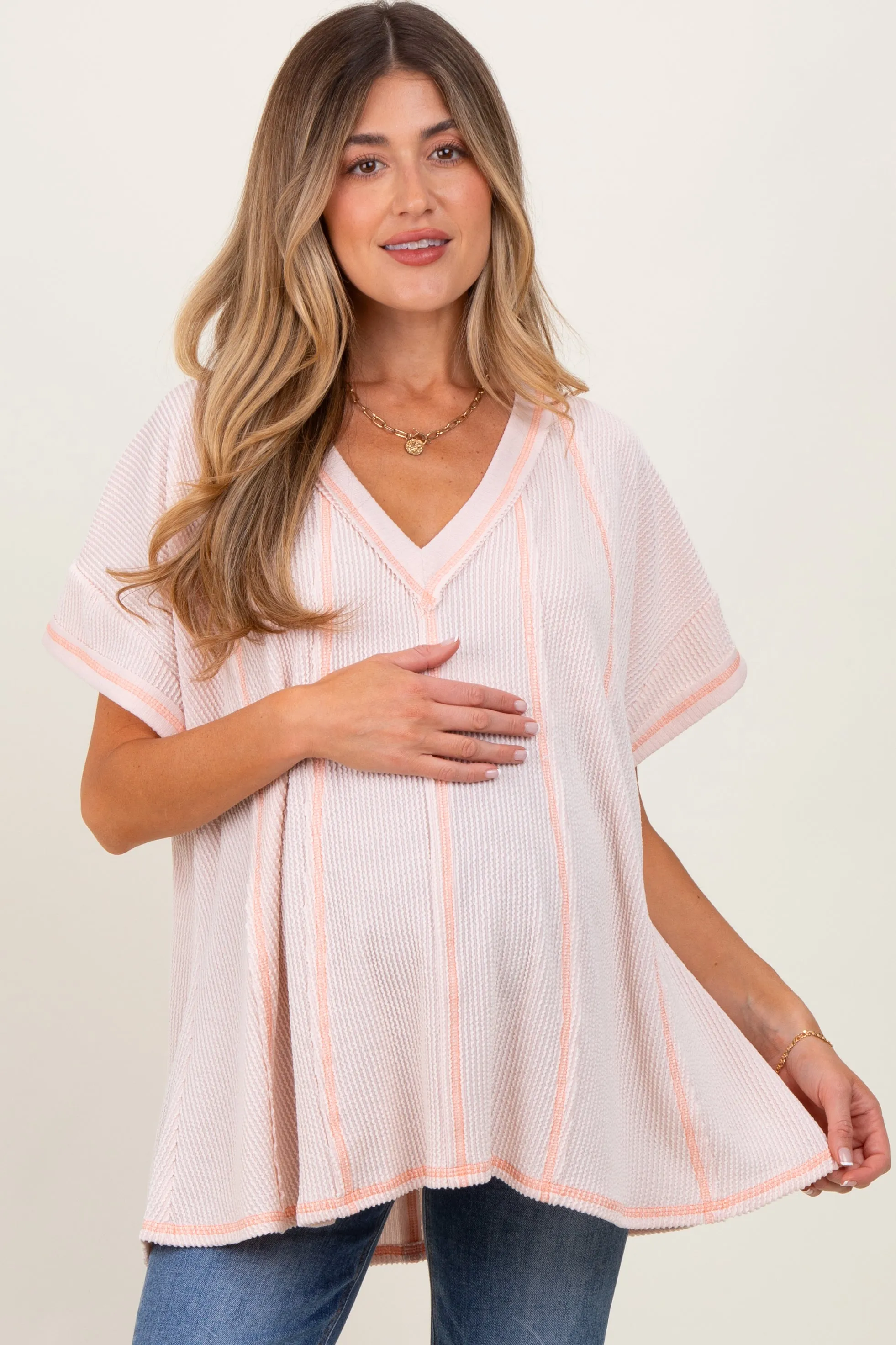 Peach Striped Ribbed V-Neck Oversized Short Sleeve Maternity Top sold by Pinkblush