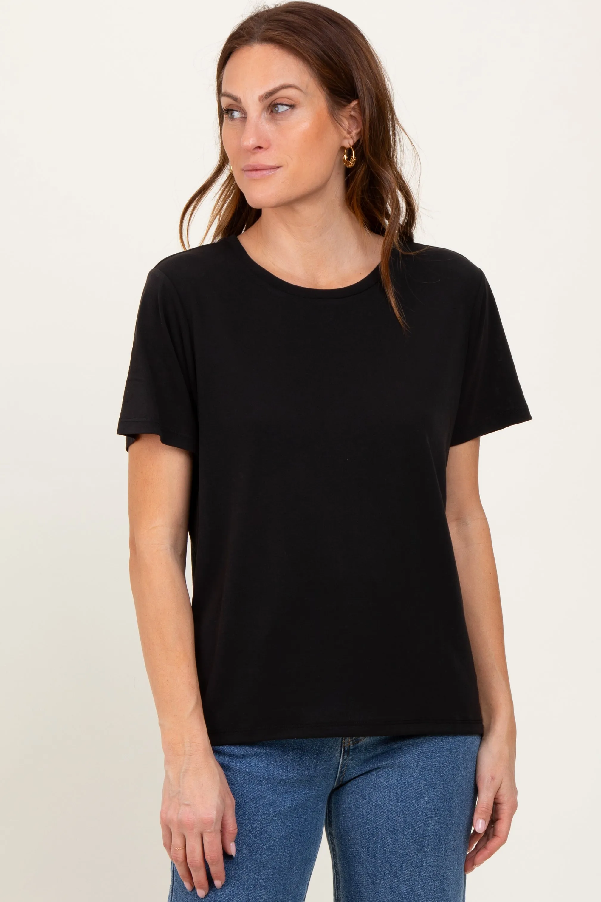 Black Basic Round Neck Short Sleeve T-Shirt sold by Pinkblush product image thumbnail 2