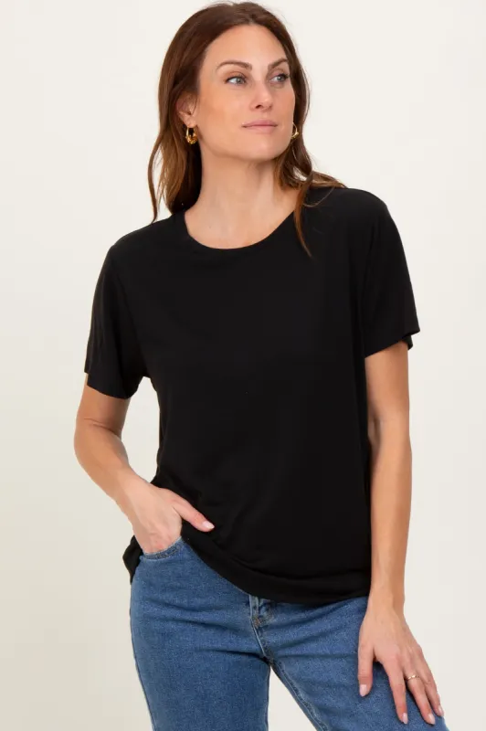 Black Basic Round Neck Short Sleeve T-Shirt sold by Pinkblush