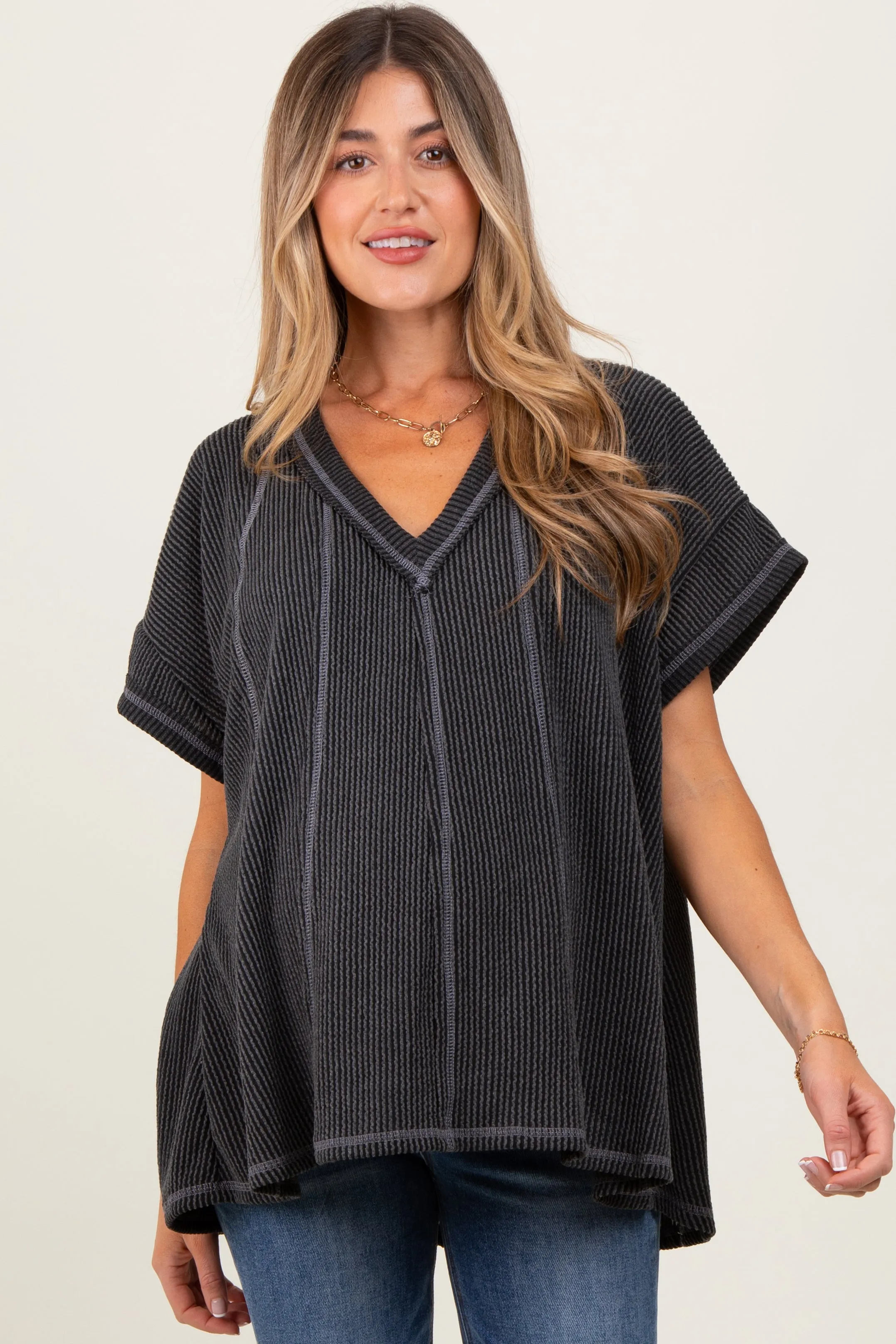Charcoal Striped Ribbed V-Neck Oversized Short Sleeve Maternity Top sold by Pinkblush