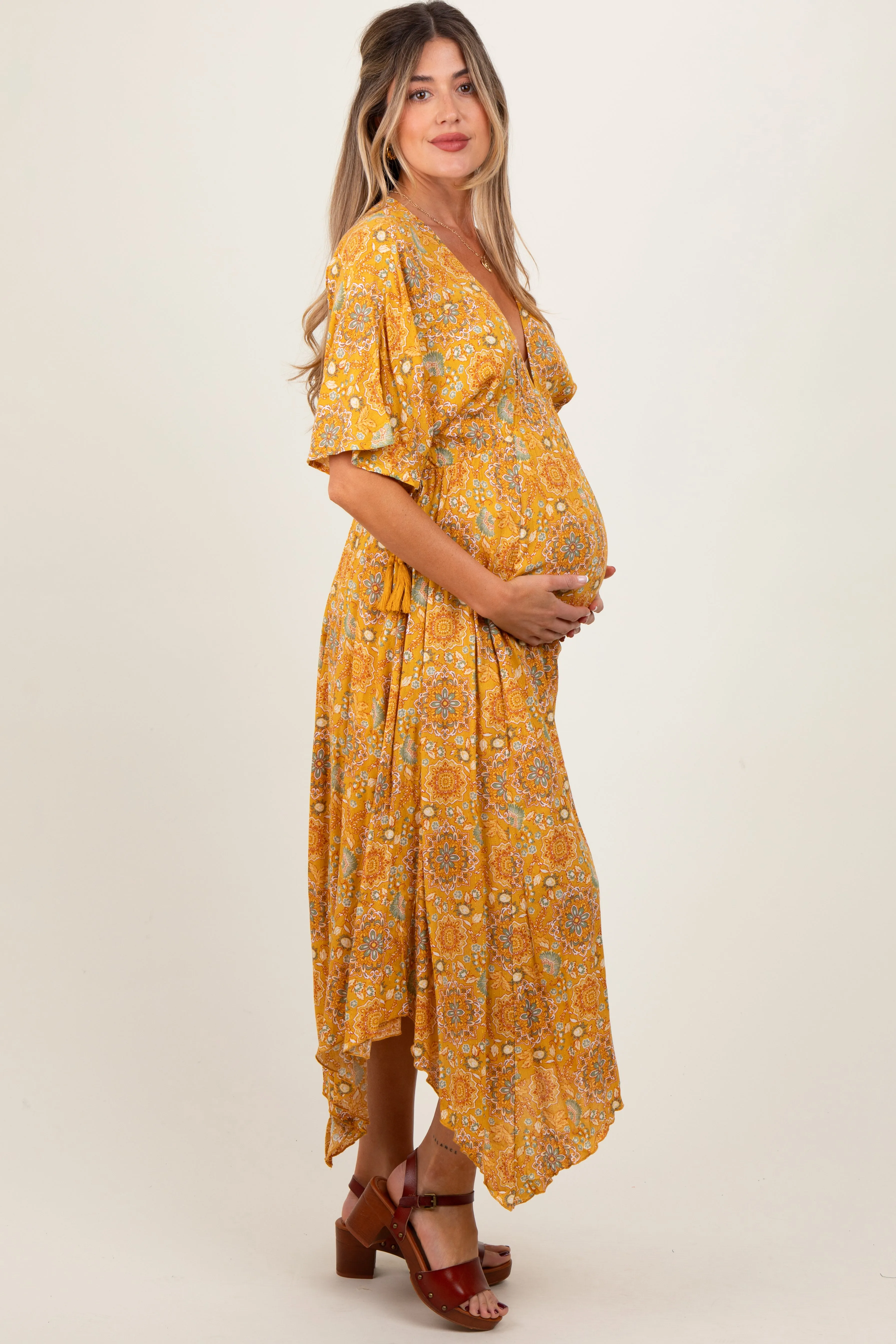Yellow Printed Deep V-Neck Handkerchief Hem Maternity Maxi Dress sold by Pinkblush product image thumbnail 2