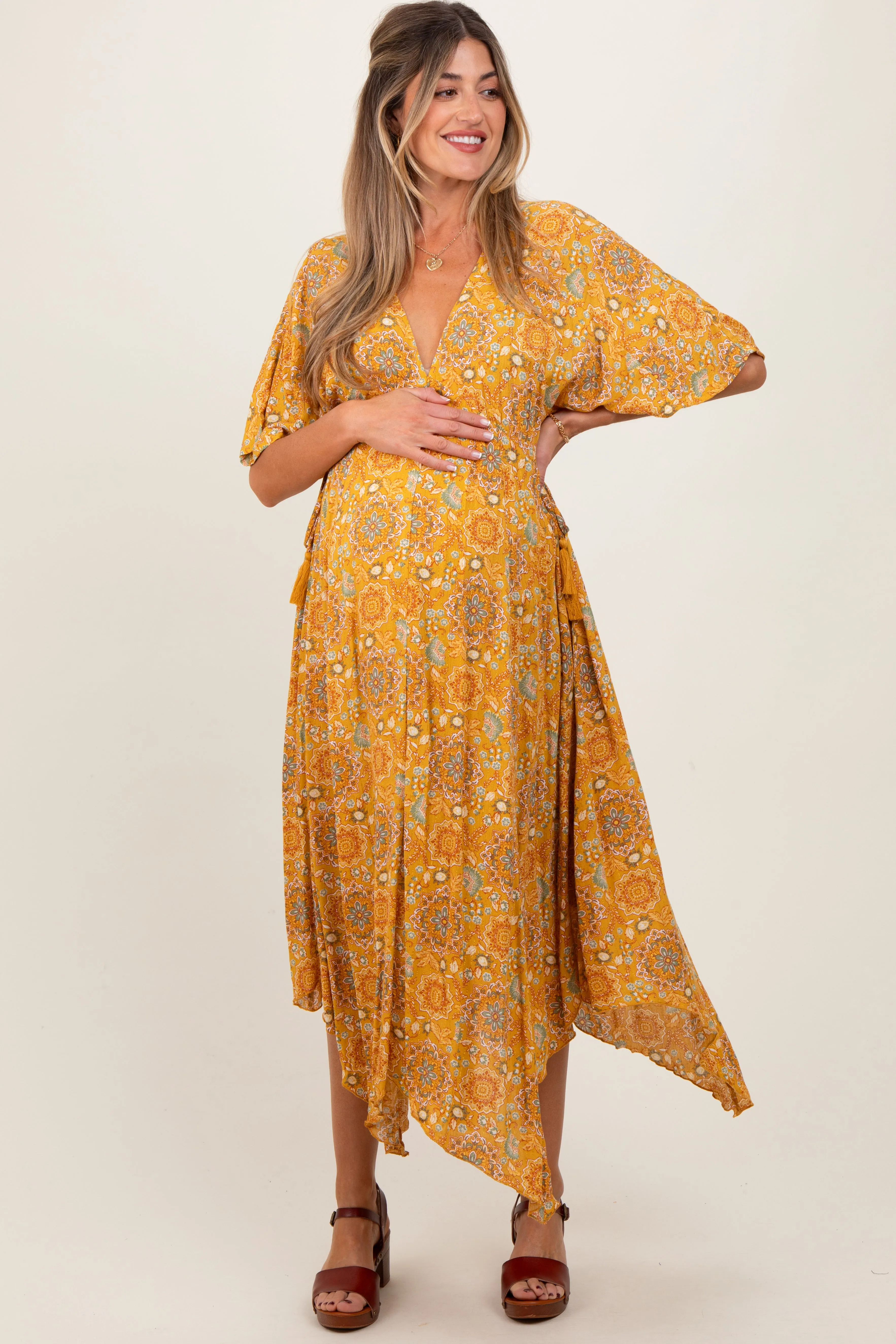 Yellow Printed Deep V-Neck Handkerchief Hem Maternity Maxi Dress sold by Pinkblush