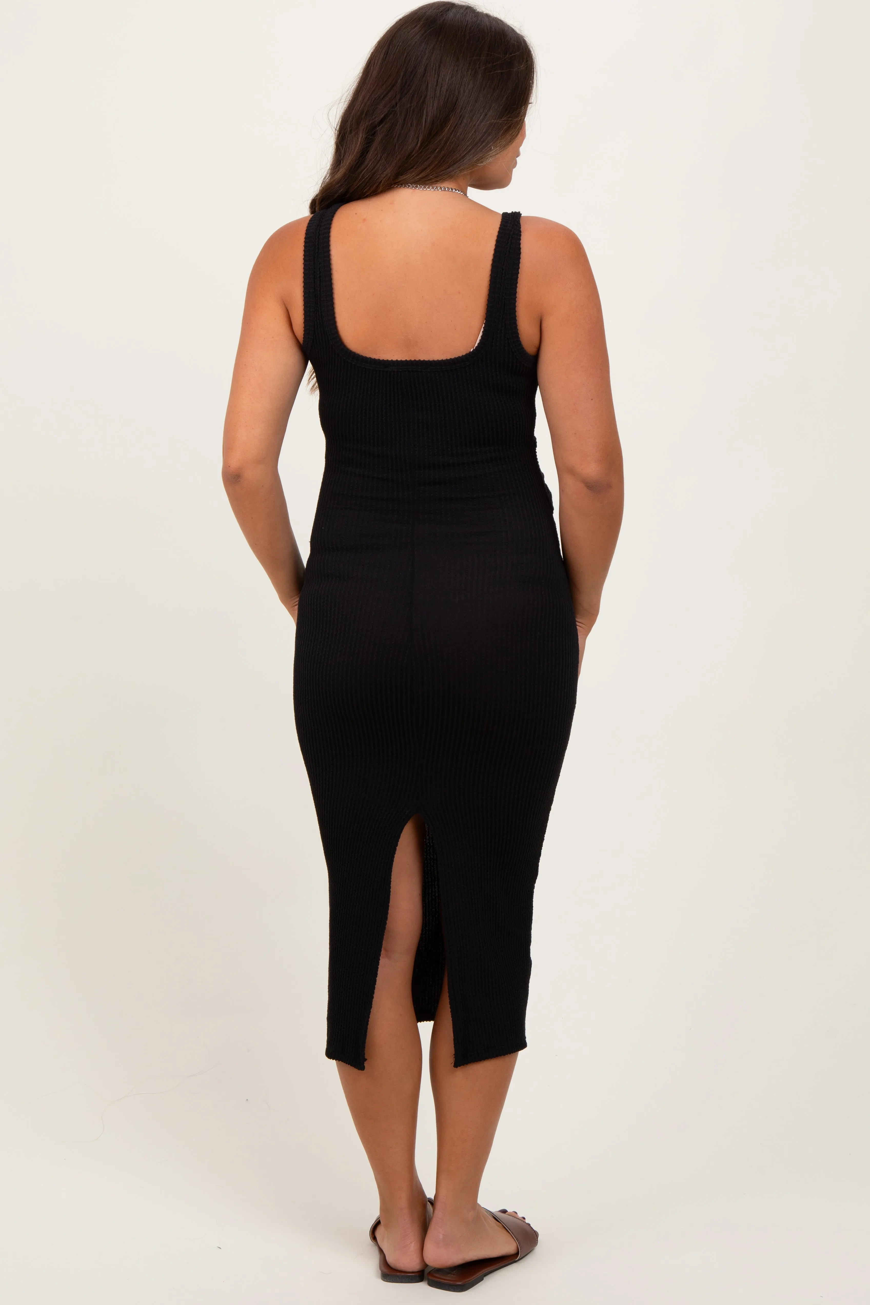 Black Ribbed Front Tie Sleeveless Maternity Midi Dress sold by Pinkblush product image thumbnail 4