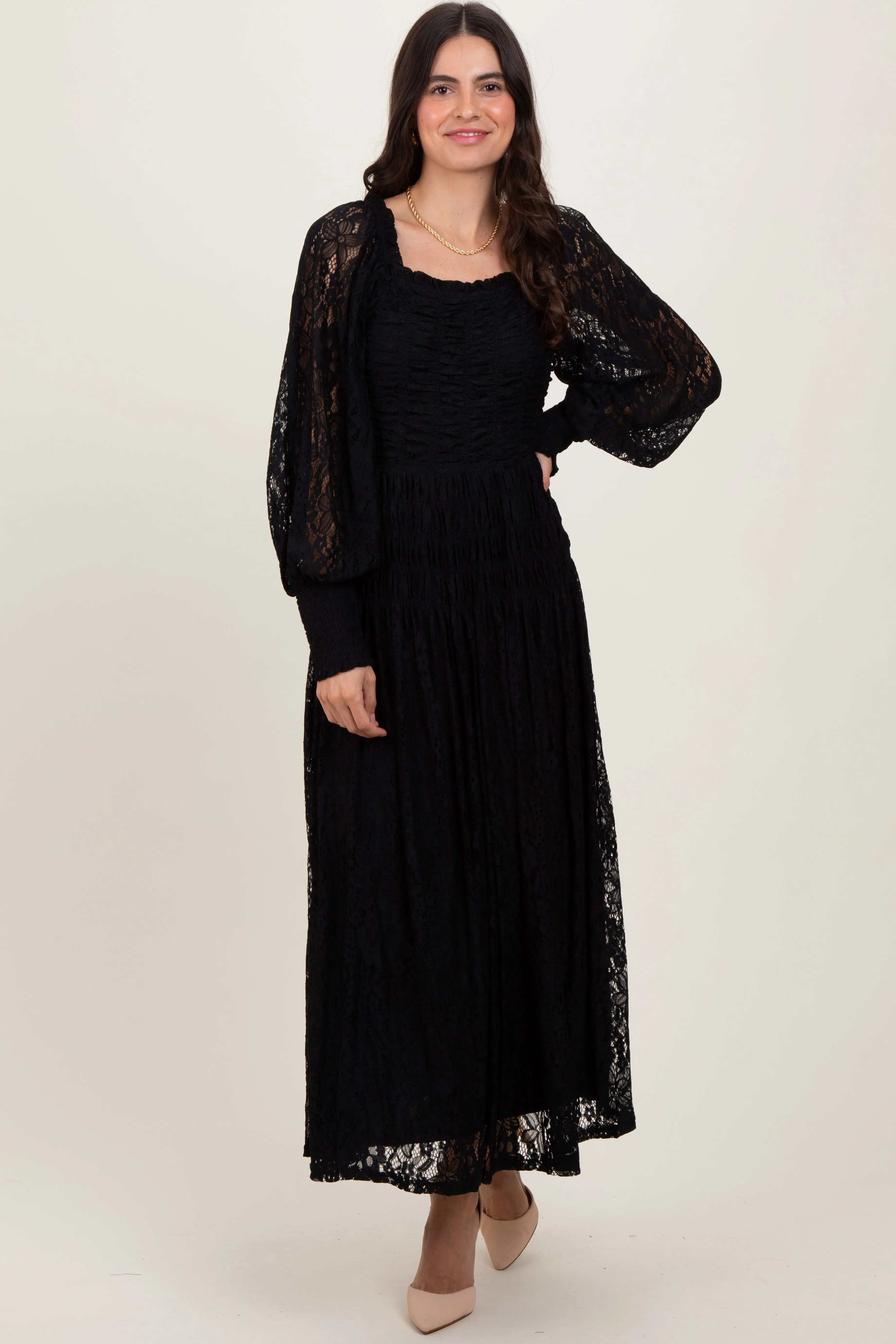 Black Lace Smocked Bubble Sleeve Maxi Dress sold by Pinkblush