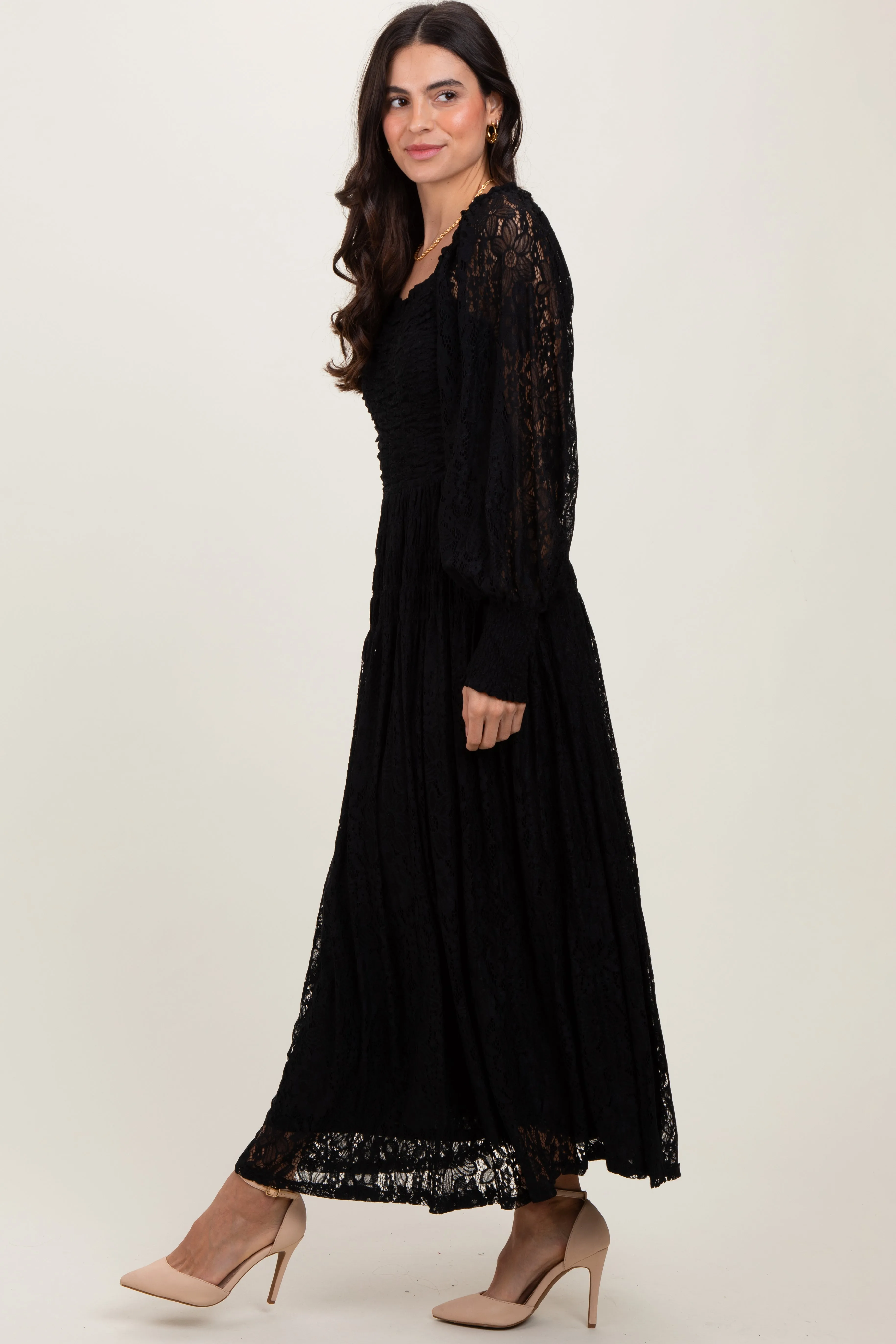 Black Lace Smocked Bubble Sleeve Maxi Dress sold by Pinkblush product image thumbnail 2