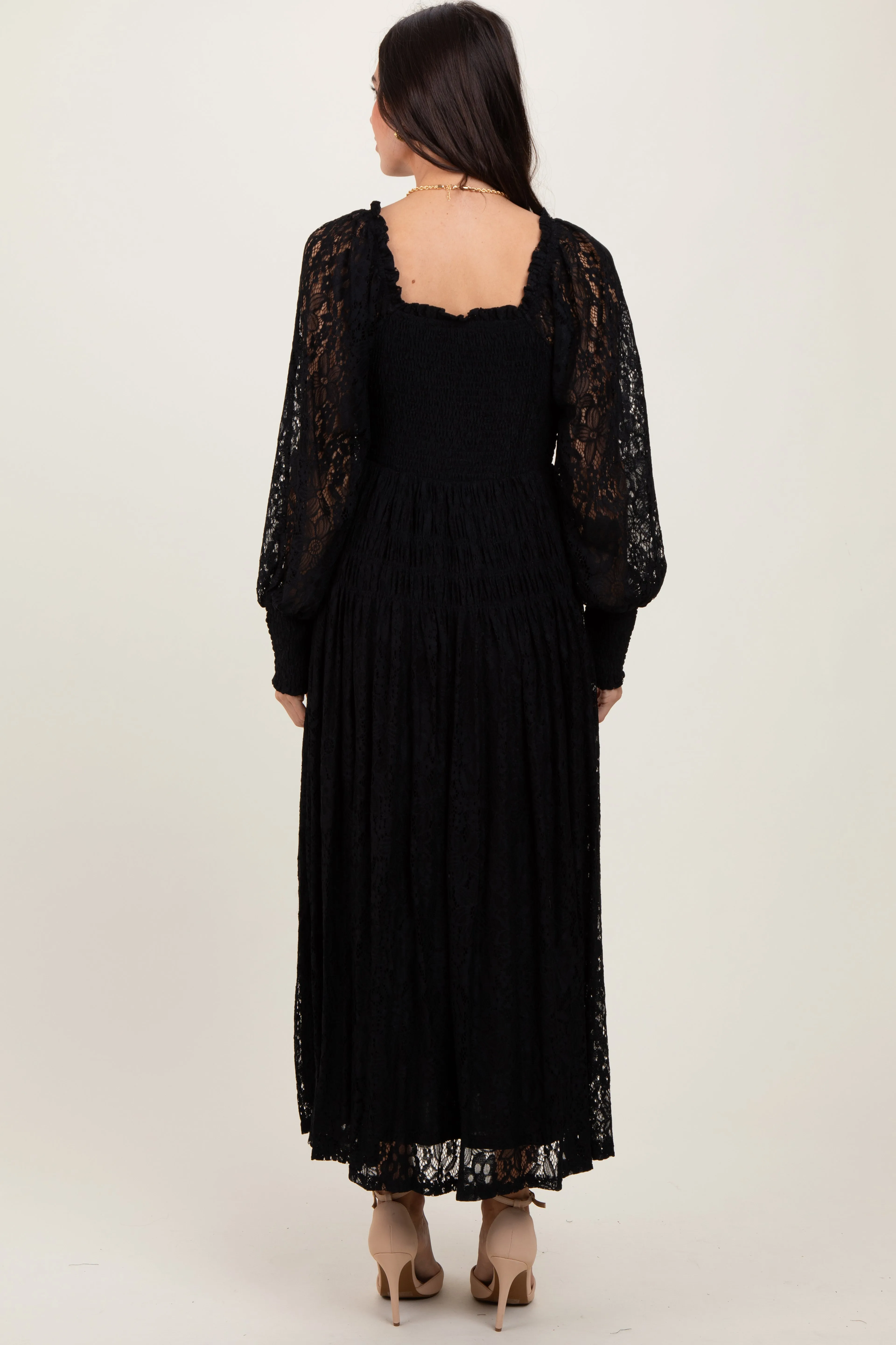 Black Lace Smocked Bubble Sleeve Maxi Dress sold by Pinkblush product image thumbnail 3