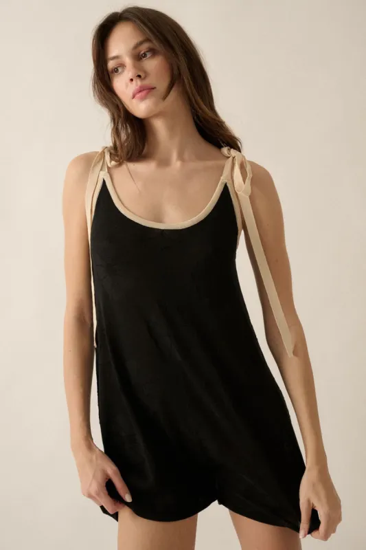 Black Floral Jacquard Knit Shoulder Tie Romper sold by Pinkblush