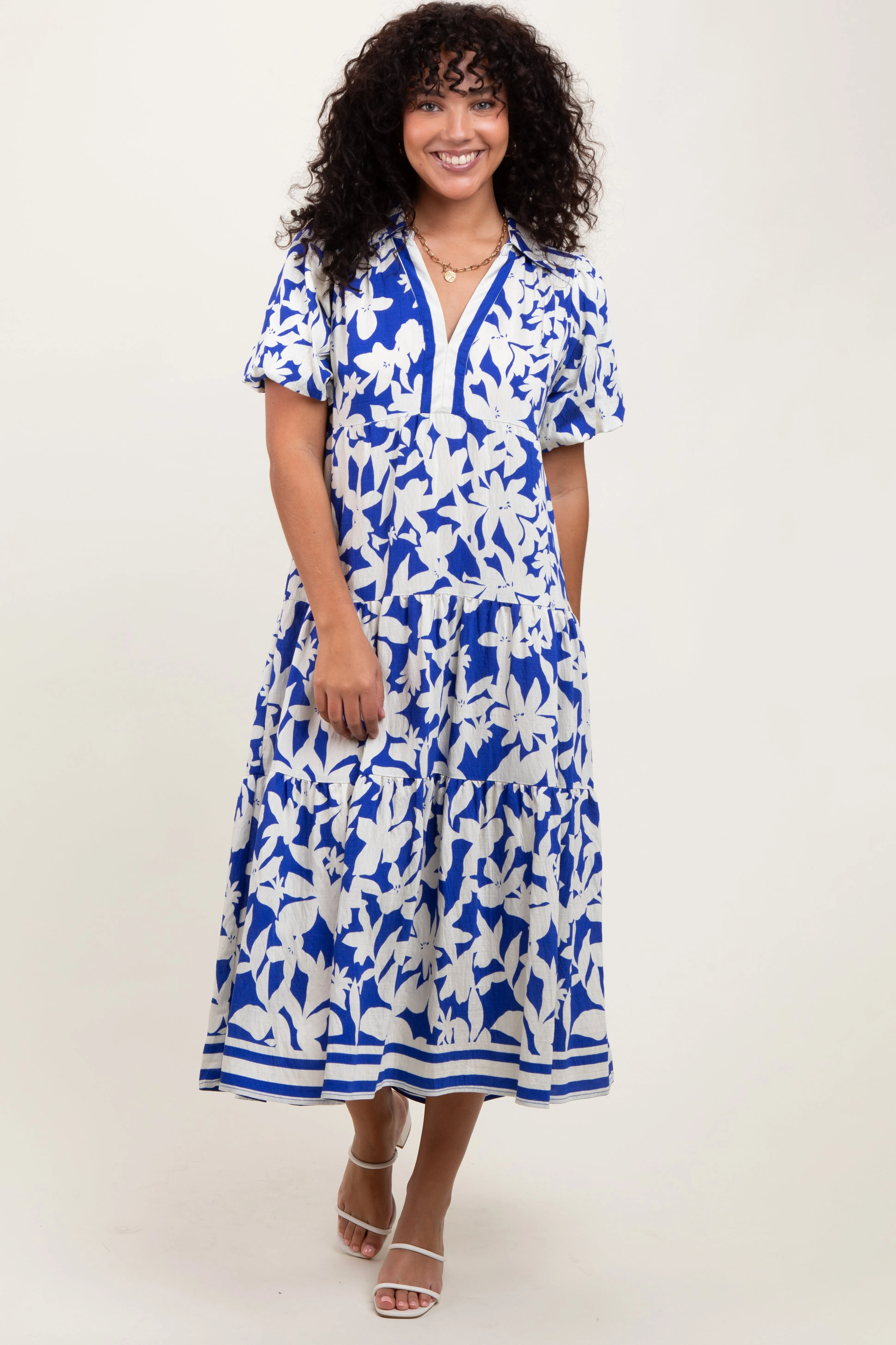 Blue Botanical Print A Line Tiered Dress sold by Pinkblush product image thumbnail 2