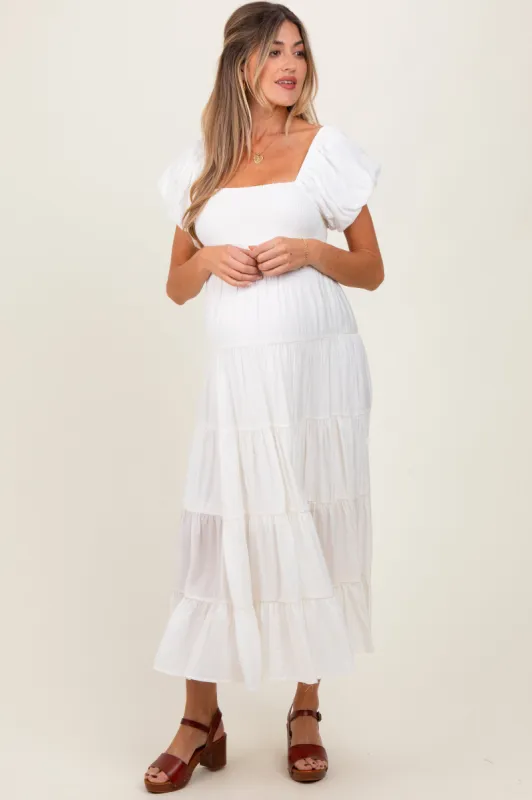 White Smocked Puff Sleeve Tiered Maternity Maxi Dress sold by Pinkblush