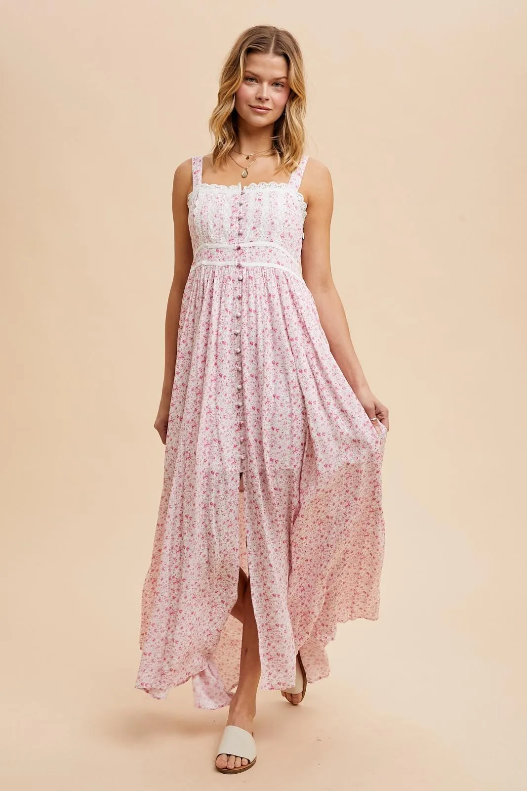 Pink Floral Button Down Sleeveless Maxi Dress sold by Pinkblush product image thumbnail 2