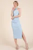 Light Blue Halter Tied Criss-Cross Ribbed Midi Dress sold by Pinkblush