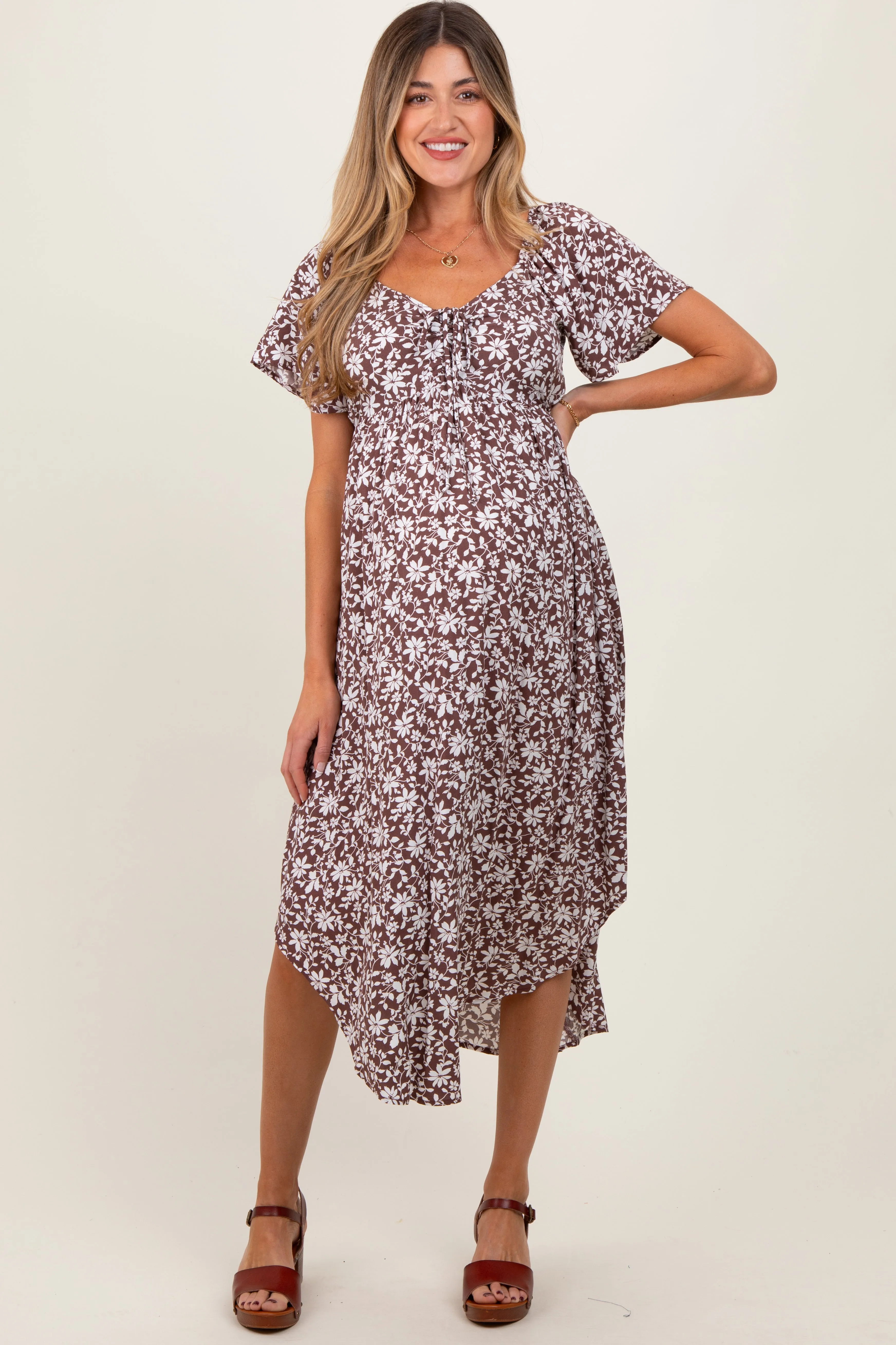 Brown Floral Ruched Tie Front Maternity Midi Dress sold by Pinkblush product image thumbnail 2