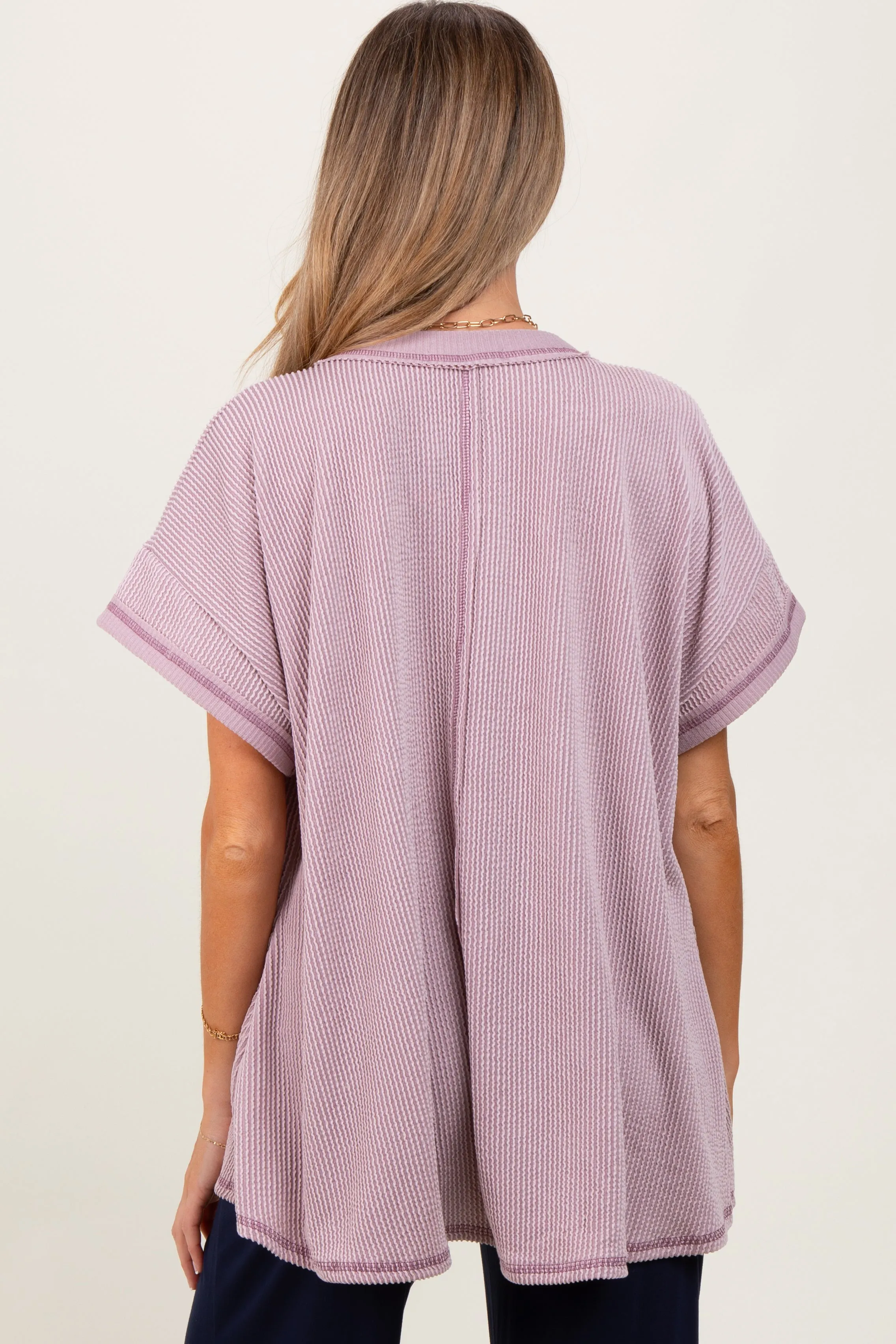 Mauve Striped Ribbed V-Neck Oversized Short Sleeve Maternity Top sold by Pinkblush product image thumbnail 2