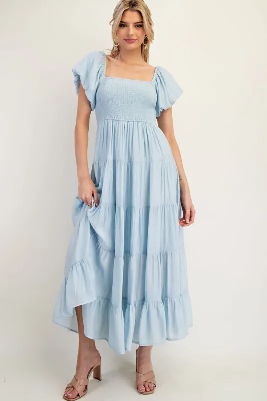 Light Blue Smocked Puff Sleeve Tiered Maxi Dress sold by Pinkblush